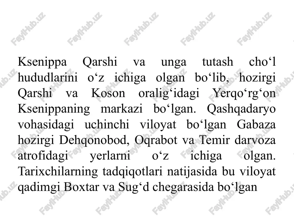 asson kabi arxeolog olimlar tomonidan o‘rganilgan. nasaf shahri tarixi bo'yicha jiddiy tadqigotlar xx asrning 70-yillaridan boshlab o°zbekiston fa arxeologiya institutining maxsus ekspeditsiyalari tomonidan olib borilgan. yozma manbalarda naxshabda iv—-v asrlarda bunyod etilgan yirik va mustahkam qal‘a sifatida. vii-vi]i asrlarda esa vohaning poytaxt shahriga aylangani haqida ma‘lumotlar keltirib o'tilgan. ix—x asrlardan boshlab nasaf yullab-yashnagan o'rta asr shaharlaridan biri sifatida yodga olinadi. ushbu davrda ham shahar buxoro — balx karvon yo lida joylashgan. shaharda qal’a va rabod mavjud bo‘lgan hamda shahar to'rtta darvozaga ega mudofaa devori bilan o ‘rab olingan. xiii asrda esa naxshabni mo‘g-ul bosqinchisi chingizxon bosib olgach, yondirilib, butunlay vayron etilgan. tarixchilarning fikricha, yangi qarshi shahrining vujudga kelishi kebekxon faoliyati (1318 — 1326) bilan bog‘liq. xiv asrda qadimgi nasafdan 5 km shimolda — hozirgi qarshi shahri o‘mida chig‘atoy urug‘idan bo‘ ilmish kebekxon tomonidan saroy bunyod etilgan va yangi shaharga asos solingan. shuningdek, yusuf xos hojibning “qutadg‘u bilig” asarida “qarshi~ atamasi …
