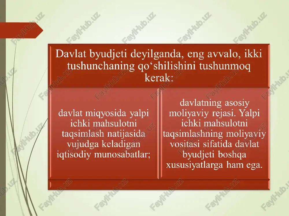 illn 3 alar bo j qaytarish va haq olish asosida boshqa byudjetlarga, xorijiy davlatlarga yoki boshqa yuridik shaxslarga berilgan byudjet mablag‘laridan foydalanganlik uchun haq; davlat unitar korxonalari foydasining bir qismi (soliqlar va yig“imlar to‘g‘risidagi qonunchilikka muvofiq to‘langan soliq va yig‘imlardan so‘ng); davlatga tegishli bo‘lgan mol-mulkdan foydalanish natijasida olinadigan qonunchilikda ko‘zda tutilgan boshqa daromadlar. o‘zining ijtimoiy-iqtisodiy belgisiga ko‘ra davlat byudjetining daromadlari ikki guruhga bo‘linishi mumkin: xo‘jalik yurituvchi subyektlardan olinadigan daromadlar; aholidan tushumlar. nodavlat sektordan olinadigan daromadlar; davlat xo‘jaliklaridan olinadigan daromadlar; aholidan olinadigan mablag ‘lar. ~ ijtimoiy soha va aholini ijtimoiy qo‘llab-quwvatlash xarajatlari; y, < milliy iqtisodiyotga xarajatlar; mudofaa xarajatlari; boshgaruv xarajatlari.
