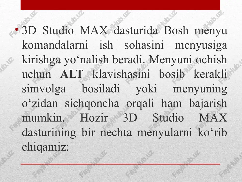 lishi. shade selected – wireframe da belgilangan ob’ektdan tashqari hammasini ko‘rsatish imkoniyatini beradi. match camera to view – tanlangan kamerani shunday ko‘chiradi, kamerani ko‘rinishi perspective (perspektivi) perspektiva ko‘rinishi bilan mos kelishi. redraw all views – birga bir ekran derazasini chizadi. deactivate all maps – sahnada egallagan hamma materiallarni ko‘rsatilishi o‘chiriladi map (kart) viewportda. update during spinner drag – ekran derazasida real vaqtda effektlarni tuzatish imkoniyatini beradi. expert mode (klaviatura > ctrl+x) - hamma menyularni yashiradi, ekran va "dvijok" vaqti qoladi. menyu rendering menyu rendering rendering' sahnasi, render' effektlari, video post va ram player ga kirish fuksiyalari kirgan. render (klaviatura > shift+r) - render scene muloqotni ko‘rsatadi, u yordamida siz render' uchun parametrlarni qo‘yish mumkin. video post – bitta animatsiyaga birlashtirish uchun ko‘p miqdorda kameralar ko‘rinishi, animatsiya va tasvirlar segmentlari qo‘llash mumkin. show last rendering – renderdan so‘ng oxirgi tasvirni ko‘rsatadi. environment – atmosfera va fonning effektlarni qo‘yish uchun qo‘llaniladi. effects …