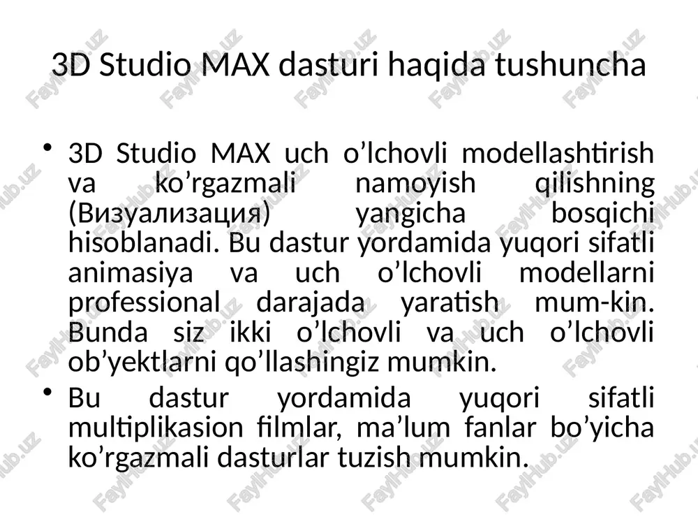 alar traektiriyasi bo‘ylab ruxsat berish. menyu group menyu group da 3d studio max sahnada ob’ektlarni guruhlash va guruhni ajratish funksiyalari mavjud. bu sizga bitta yoki undan ko‘p ob’ektlarni guruhli ob’ektga birlashtirishi ijozat beradi. guruhlangan ob’ektga nom beriladi va ular bilan manipulyatsiyalar oddiy ob’ektlar kabi olib boriladi. group – belgilangan ob’ektlarni guruhga birlashtiradi. open – sizga vaqtincha guruh ob’ektlarini ajratishga ruxsat beradi, ya’ni guruhni ochadi. close – ochiq guruhni yopadi (guruhlash). ungroup – joriy guruhni komponentlarga ajratadi. explode – faqatgina joriy guruhni ajratmaydi ungroup komandasiga o‘xshab, balki boshqa qo‘yilgan guruhlarni ham ajratadi. detach – guruhdan tanlangan ob’ktni ajratadi. attach – belgilangan ob’ektni mavjud bo‘lgan guruhni qismi deb qabul qilish. menyu views 3d studio maxda menyu views (viewports) parametrlarni o‘rnatish va derazalarni boshqarish komandalari mavjud. ushbu menyuning boshqa punktlarini chaqirish uchun derazaga sichqonchani ung tugmachasini bosing. undo/redo (klaviatura > shift+z i shift+a sootvetstvenno) –oxirgi o‘zgarishlarni bekor/qaytarish. save active view – ichki buferdagi …