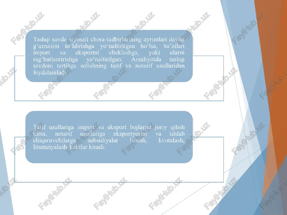 epedaizea irebyse} uepieyoy wiiay ‘ipeuryisjoq iesose eslirjanysi[oy opaaes osebjex iepeyarjs jley eksportyor firmalarga yoki xorijiy sheriklarga past foizli kreditlar berish reklama xarajatlarini davlat hisobidan qoplash, bozor konyunkturasi haqida tekin axborot yetkazib berish; firmalarga ishlab chigarish hajmidagi eksport ulushiga muvofiq soliq imtiyozlarini berish; bevosita subsidiyalash kiradi. ixtiyoriy ravishda eksportni cheklash milli iste’molchilar uchun tarif va kvotalarni belgilashga nisbatan ancha sezilarsiz. shuning uchun iste’molchilar ularni e’tiborsiz qabul giladilar va hukumatga norozilikj bildirmaydilar. ixtiyorty ravishda eksportni cheklash sharoitida xorij iste’molchilari ular sotib olayotgan eksport mahsulotig yuqorirog narx belgilashlari mumkin.