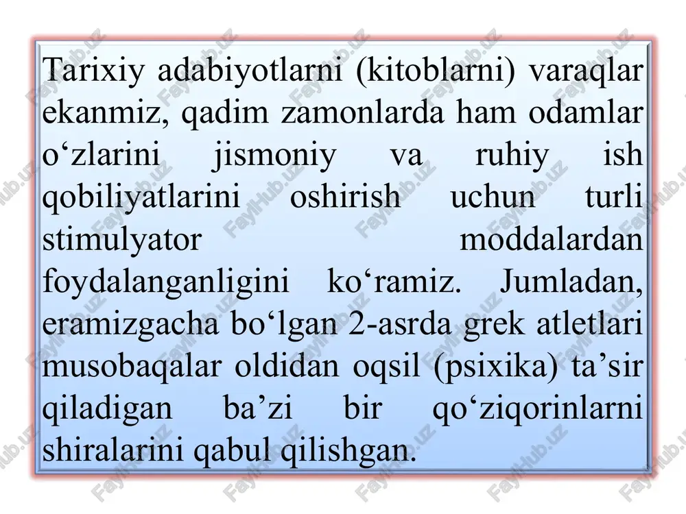 mida «qon dopingi» deb atalmish sportchiga o‘zining boshqa kishining qonini musobaqa oldidan qo‘yilganini hech bir xatosiz aniqlash mumkin. 3.doping qabul qilgan sportchilarga qo‘llaniladigan jazolar. doping moddalarini qabul qilganligini aniqlash sportchiga to sportdan butunlayin chetlatishgacha bo‘lgan og‘ir jazolarni qo‘llash xavfini tug‘diradi. ta’qiqlangan moddalarni (simpato-mimetik dori darmonlar efdrin va uning hosilalaridan tashqari) birinchi marta aniqlanganda sportchi 2 yilga, ikkinchi marta (qaytarilganda) esa bir umrga diskvalifikatsiya qilinadi. simpato-mimetiklarni qabul qilganda esa birinchi marta 6 oyga, ikkinchi marta 2 yilga, uchinchi marta esa bir umrga diskvalifikatsiya qilinadi. shu bilan bir qatorda sportchining kuzatuvchi murabbiy va doktorlarga ham jazo tadbirlari qo‘llaniladi. rasmiy ravishda narkotiklarga kiritilgan qanday bo‘lmasin moddalarni doping sifatida qabul qilishi tegishli adminstrativ jinoiy jazolarga tortilad. keyingi vaqtlarda mamlakatmizning qonun chiqarish organlariga anobolik steroidlarni tibbiyot vakolatsiz qabul qilingan kishilarni jinoiy javobgarlikka tortilishlari lozimligi haqida takliflar kiritilgan. shunday qilib, siz o‘zingiz uchun birdan bir yagona xulosa chiqarishingiz mumkin: istalgan natijalarga erishish keyinchalik jozibali va tez …