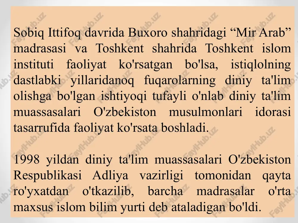 a kapital ta'mirlangani, hukumat qarori bilan namangan shahridagi “hidoya” o'rta maxsus islom bilim yurti joriy yilning yanvar oyida hududi 10 gektardan ziyod bo’lgan yangi zamonaviy binoga ko‘chirilishi mustaqillikning diniy ta’lim sohasidagi eng katta ne’matlaridan desak mubolag'a bo‘lmaydi. toshkent pravoslav va toshkent protestant oliy seminariyalarining mamlakatimizda faoliyat olib borishini millatlararo totuvlik, dinlararo bag‘rikenglik tamoyillarining yuksak namunasi sifatida e’tirof etish mumkin. o‘zbekiston musulmonlari idorasi tasarrufidagi toshkent islom instituti va o‘rta maxsus islom bilim yurtlari bilan mazkur ta’lim muassasalari o‘rtasida o‘zaro hamkorlik aloqalari yaxshi yo‘lga qo‘yilgan bo‘lib, talaba va o‘qituvchilar ishtirokida ilmiy-amaliy anjumanlar, seminar va davra suhbatlari hamda muhim sanalarga bag‘ishlangan bayram tadbirlari muntazam ravishda o‘tkazib kelinmoqda. o‘zbekiston respublikasi prezidentining qaroriga muvofiq samarqand viloyatida imom buxoriy xalqaro markazi tashkil etilib, islom dinining, qur'oni karim va hadis ilmining asl mohiyatini, hadisshunoslik maktabining ilmiy-ma'naviy asoslarini, imom buxoriy, imom termiziy singari yurtimizdan yetishib chiqqan buyuk hadisshunos allomalar merosini har tomonlama teran o'rganish, yuksak insoniy g'oyalar va …