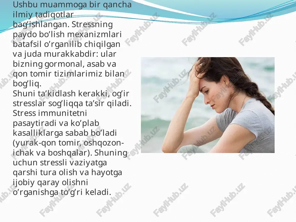 orqali chuqurroq olish kerak, chiqarishda esa sekin, og’iz orqali chiqarish kerak. stressda to’g’ri ovqatlanish ham muhim ahamiyatga ega. oziq-ovqat oson va yaxshi hazm bo’lishi kerak. shoshmasdan, kam-kamdan ovqatlaning. ovqatlangandan keyin bir oz dam olish kerak. stress bilan kurashishda xalq tabobati usullari bor. moychechak yaxshi ta’sirga ega. uning damlamasi bosh og’rig’i, uyqusizlik bilan kurashadi va tinchlantiruvchi ta’sirga ega. samarali yordam beruvchi xususiyatga shuningdek, oregano o’ti va mavrak moyi ega. charchoqqa qarshi ajoyib vosita melissadir. bu zo’riqishni, tashvishlarni yengillashtirish uchun ishlatiladi, hatto og’ir stressda ham yordam beradi. melissadan tayyorlangan choy uyqusizlik va depressiya uchun yaxshidir. stressdan qutulish uchun stressga olib keluvchi omilga tog’ridan-tog’ri ta’sir o’tkazish: stressli vaziyatning asl sababi nimada ekanligini aniqlang; ushbu vaziyatni o’zgartira olishingizni baholang; oqibatlarini baholang. vaziyatga bo’lgan qarashingizni o’zgartirish: vaziyatni o’zgartirish sizning qo’lingizdan kelish-kelmasligini baholang; agar boshqalar hatti-harakatini o’zgartirib bo’lmasa, ularga bo’lgan munosabatingizni o’zgartiring. «men ideal bo’lishim kerak», «dunyo menga nisbatan doimo adolatli bo’lishi kerak» degan fikrlardan yiroq …
