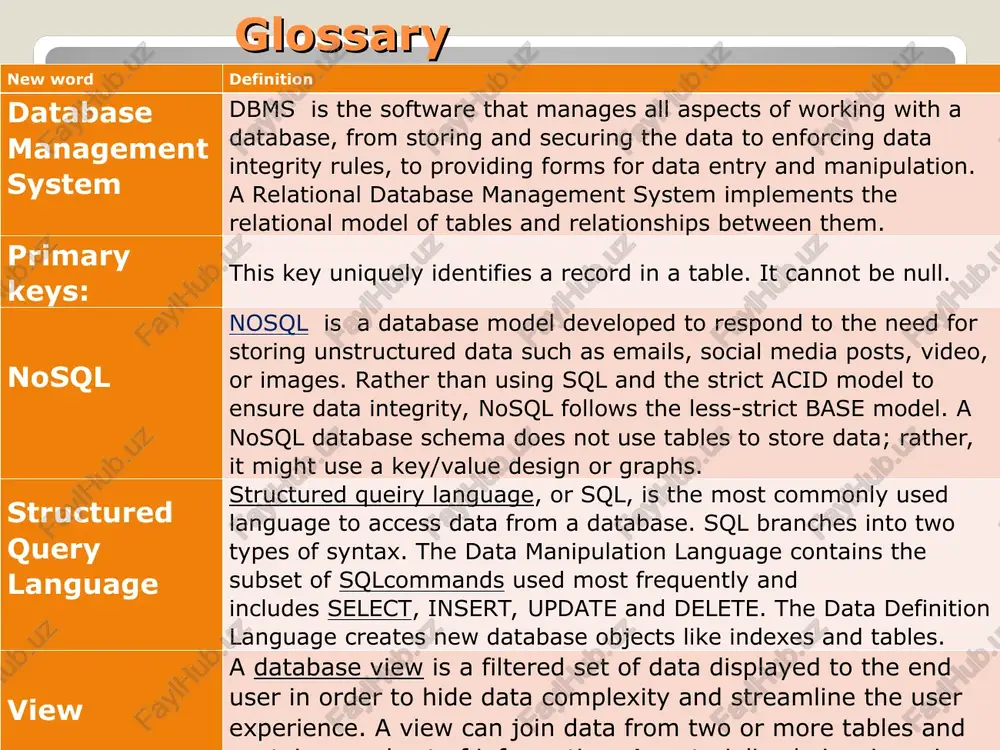 a database? a database is... z an organized set of stored information usually on one topic = acollectionof records % away to organize information ina file so that you can examine information on a variety of ways and access the information in new ways z a type of "filing cabinet" that can help you manage, manipulate, organize, sort and modify information components of database system + users- people who interact with the database: - application programmers. - end users. - data administrators. + software- lies between the stored data and the users: — - dbms. - application software. - user interface. regular and irregular verbs regular verbs ifa verb is regular, v2 and v3 end in -ed infinitive v1 past simple-v2 past participle -v3 irregular verbs when v2 and v3 do not end in —ed, the verb is irregular infinitive past past v1 simple-v2__ participle-v3 accept accepted accepted be was/ …