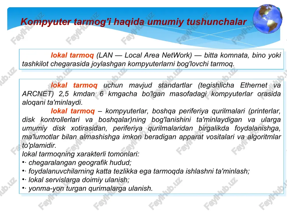 cha bardoshli bo'ladi. ushbu kabelning kamchiliklari signallarning so'nish koeffitsienti yuqoriligi va elektrmagnit halaqitlariga yuqori darajada sezgirligi, shuning uchun o'rama juftlikdan foydalanishda faol qurilmalar o'rtasidagi eng yuqori masofa 100 metrgacha bo'ladi * tarmoq qurilmalari koaksial kabel. bu kabeldan ma'lumotlar uzatishning ikkita turli tizimida foydalanilish mumkin: signalni modulyatsiyalab va modulyatsiyalamasdan uzatish. birinchi holda raqamli signal shk dan qanday shaklda uzatilsa, undan shunday shaklda foydalaniladi va darhol kabel bo'ylab qabul qilish stantsiyasiga uzatiladi. u tezligi 10 mbit/sek gacha va eng yuqori ta'sir radiusi 4000 m bo'lgan bitta uzatish kanaliga ega. ikkinchi holda raqamli signal analogli signalga aylantiriladi va u qabul qilish stantsiyasiga yo'naltiriladi, u erda u yana raqamli signalga aylantiriladi. signalni aylantirish operatsiyasini modem (modulyator/demodulyator) bajaradi; har bir stantsiya o'z modemiga ega bo'lishi kerak. ma'lumotlarni uzatishning bu usuli ko'p kanalli (o'nlab kanallar bo'yicha uzatishni ta'minlaydi, buning uchun faqat bitta kabeldan foydalanadi) hisoblanadi. bunday usul bilan tovushlarnivideosignallarni, ma'lumotlarni uzatish mumkin. kabel uzunligi 50 km …
