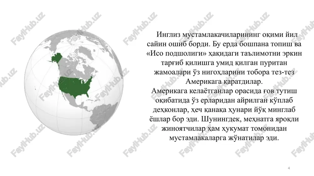 chilar tomonidan o'zlashtirilishi bilan 13 ta mustamlakadan oxirgisi ham ta'sis etildi. 12 yangi angliyaning (shimoliy amerikadagi angliyaga karashli erlar shunday atala boshlandi) mustamlakalarida kichik fermer xo'jaliklari ko'proq tarqaldi. asta-sekin qishloq xo'jaligi bilan bog'liq bo'lgan sanoat o'sib bordi, xvii asr ikkinchi yarmida birinchi manufakturalar paydo bo'ldi (yigiruvchi, to'kuv, temirdan buyum yasovchi va h.k.). yangi qatlamlar - burjuaziya va yollanma ishchilar katlamlarining shakllanishi tezlashdi. janubiy mustamlakalar- da er egalari katta maydonlarni plantatsiyalarga aylantirardilar. u erlarda etishtiriladigan asosiy ekinlar paxta, tamaki va iyuli edi. biroq mustamlakalarda bo'sh ishchi kuchi soni cheklanganligi uchun ham bu erlarga ishchi kuchlarining ommaviy kiritilishi butun amerikani to'ldirib borardi. asta-sekin «oq qullarni» negrlar siqib chiqardi. qullar mehnati ayniqsa plantatsiyali xo'jalikning negizi bo'lgan janubiy mustamlakalarda keng qo'llanilar edi. mustamlakalarga negrlarni olib kelish 1619 yildayok boshlangandi. mehnat sharoitlari chidab bo'lmas darajada edi. qochganlik uchun negrlarni shafqatsiz jazolashardi, hayotdan mahrum qilinishlari ham mumkin edi. ammo qullarga qarshi yo'naltirilgan terrorga qaramasdan, ular ikki …