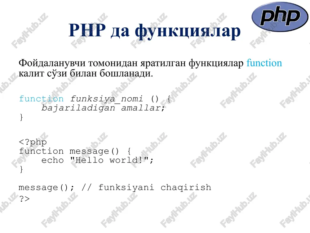 phpda forma so'rovlarini qayta ishlash get va post har ikkalasi ham ma'lumotlarni massiv shaklida(array( key => value, key2 => value2, key3 => value3, ...)) jamlaydi. $_get da o'zgaruvchilar yuborilayotgan skriptning url parametrlari sifatida uzatiladi. $_post da o'zgaruvchilar yuborilayotgan skriptning http post usuli orqali uzatiladi. phpda forma so'rovlarini qayta ishlash: validatsiya validatsiya deyilganda – forma maydonlari to'ldirilmagan-ligi yoki ortiqcha belgilar kiritilganligini aniqlash tushuniladi: if ($_server["request_method"] == "post") { if (empty($_post["name"])) { $nameerr = “ism maydoni to`ldirilmadi"; } else { $name = test_input($_post["name"]); } function test_input($data) { $data = trim($data); $data = stripslashes($data); $data = htmlspecialchars($data); return $data; } "> ism: * phpda fayllarga murojaat usullari phpda fayllarga murojaat qilishning 2 ta funktsiyasi mavjud include va require. fayllarga murojaat qilinganda chaqirilgan fayldagi barcha matn/kod/ larning nusxasi murojaat qilingan joyga joylashadi. veb-saytning ko'p foydalaniladigan sahifalariga php, html yoki mantli ma'lumotlarni qo'shishda foydalanish juda foydali hisoblanadi. phpda fayllarga murojaat usullari include va require dan …