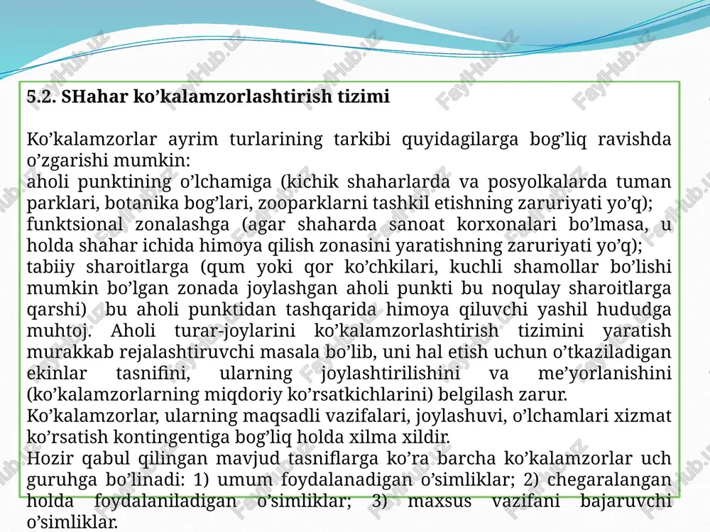 rohat bog’i; v) kurort-shaharlardagi madaniyat va istirohat bog’i; g) kichik shaharcha, posyolkadagi, tuman markazidagi madaniyat va istirohat bog’i. 2. bolalar parklari (ular ham ko’pincha madaniyat va istirohat bog’lari qatoriga kiritiladi) – bolalar bilan dam-olish, o’yin-kulgu, jismoniy tarbiya-sog’lomlashtirish, madaniy-tarbiyaviy ishlar uchun mo’ljallangan yashil massiv. 3. sport parklari (stadion)- o’yin maydonlari va sportning turli xillari bo’yicha mashqlar va musobaqalar o’tkazish uchun inshootlari bo’lgan, shuningdek tashrif buyuruvchilarning dam olishi uchun va madaniy – oqartuv ishlarini olib borish uchun inshootlari bo’lgan yashil massiv. sport bog’ining boshqa turlariga suv havzalari, qirg’oqlari bo’ylab joylashgan gidropark hisoblanadi, u yerda asosiy e’tibor suvda sport va dam olish tadbirlarini o’tkazishga qaratiladi. 4. botanika bog’i yoki park - bu o’simliklar ma’lum bir sxema asosida joylashtirilgan yashil massiv. bu joy botanika, dekorativ bog’dorchilik, o’simlikshunoslik, o’rmonchilik sohasidagi madaniy-oqartuv, ommaviy va ilmiy-tadqiqot ishlarini amalga oshirish uchun mo’ljallangan. 5. zoologiya bog’i yoki parki - bu xududida hayvonlar bo’lgan maxsus inshootlar joylashtirilgan yashil massiv. u …
