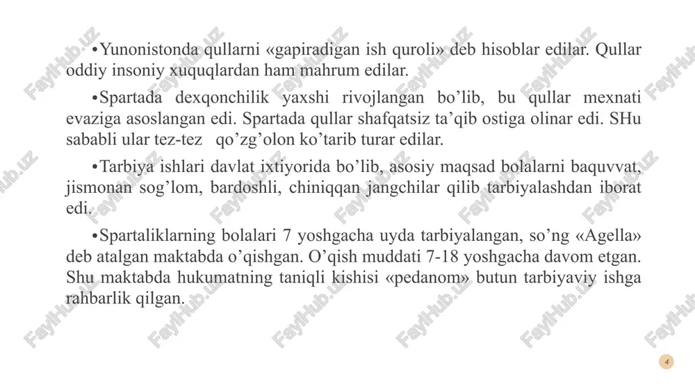 olalar 13 — 14 yoshga yetganlaridan keyin «polestra» kurash maktabi deb atalgan o’quv yurtiga o’tar edilar. bu o’quv yurtida ular 23 yil davomida jismoniy mashqlar bilan shug’ullanar edilar. masalan: sakrash, yugurish, kurash tushish, disk va nayza irgitish mashqlari va suvda suzish o’rgatilgan. spartadagi kabi afina maktablarida ham o’quvchilar bilan siyosiy va axloqiy masalalarda suhbatlar o’tkazilgan, o’qish tekin bo’lgan. «gimnasiy» maktabida polestra maktabini tugatgan badavlat o’lla farzadlari tahsil olganlar. ularga falsafa, siyosat, adabiyot fanlari o’rgatilgan. bu maktabni tugatgan yoshlar davlatni boshqarishda qatnashishlari mumkin bo’lgan. «efeb» maktabida 18-20 yoshga qadar tahsil olganlar. 7 qadimgi yunoniston faylasuflari tarbiya to’g’risida yunonistonda maktab va madaniyatning tez rivojlanishi pedagogika nazariyasining xam tug’ilishiga imkoniyat yaratdi. pedagogika nazariyasiga olim va faylasuflardan suqrot, platon, aristotel va demokritlar asos soldilar. ular o’z qarashlari bilan ta’lim-tarbiya rivojlanishiga juda katta xissa qo’shdilar. quyida bu faylasuf olimlar xaqida qisqacha to’xtalib o’tamiz. suqrot. (eramizdan avvalgi 469—399 yillar) o’zining demokratik ijtimoiy kelib chiqishiga qaramay (u …