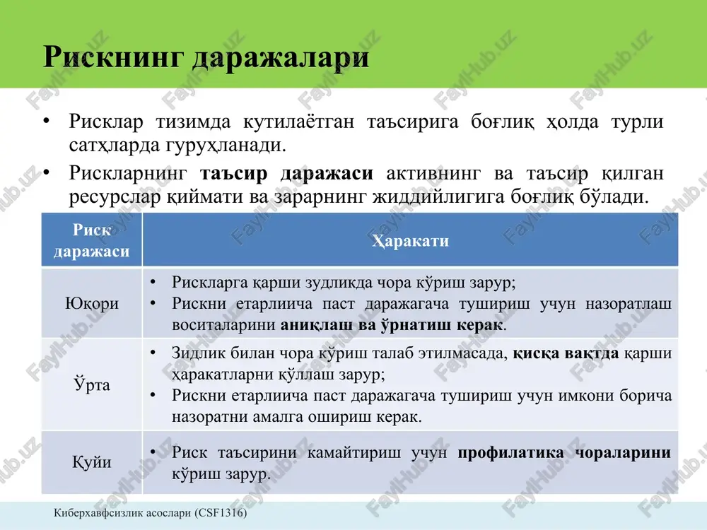 kni davolash 1 2 • risklarni davolash bu – aniqlangan risklar uchun mos nazoratni tanlash va amalga oshirish jarayoni. • risklar jiddiylik darajasiga ko'ra manzillanadi va davolanadi. 3 • ush bu bosqichda qaror qabul qilish riskni baholash natijasiga asoslanadi. kiberxavfsizlik asoslari (csf1316) riskni boshqarish: riskni davolash bosqichlari • nazoratlashni amalga oshirish orqali zaifliklarni bartaraf etish riskni kamaytirish riskni transfer qilish riskka qarshi kurashish riskni qabul qilish riskdan qochish bilan risklarni kamaytirish. • riskni davolash javobgarligini boshqa tashkilot yoki bo'limga transfer qilish. • bevosita yoki tanlangan nazoratni amalga oshirish orqali tahdid yoki zaiflik bilan aloqador risklarni kamaytirish. • risklarni boshqarish, transfer qilish yoki kamaytirish harakatlari tarmoqdagi risk ta'siridan oshib ketganda qabul qilinadi. • riskning sabab va oqibatini kamaytirish • riskka qarshi choralar rejasi, risklarni ustuvorlashtirish, qarshi choralarni amalga oshirish orqali risklarni boshqarish. riskni rejalashtirish • zaifliklarni tadqiq qilish va ularni bartaraf etuvchi nazoratni aniqlash taqdiqot va bilimlar kiberxavfsizlik asoslari (csf1316) riskni …