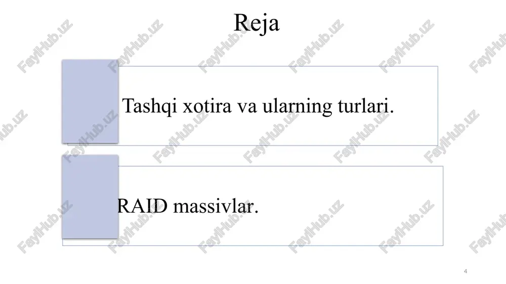 martalik yozish dvd-rw, dvd+rw – ko’p martalik yozish (1000 sikl) dvd-ram – ko’p martalik yozish (100000 sikl) bir qatlamli bir tomonlma 4,7 gbayt ikki tomonlama 9,4 gbayt ikki qatlamli bir tomonlama 8,5 gbayt ikki tomonlama 17,1 gbayt dvd = digital versatile disk yoki digital video disk qisqa to’lqin uzunlikli lazer cd disk capacity = 700 mb dvd disc capacity = 4.7 gb or 8.5 gb cd disk hajmi = 700 mbayt dvd disk hajmi= 4,7 gbayt yoki 8,5 gbayt 37 hd dvds _ hd dvd = high definition dvd i shlab release : toshiba nec and in collaboration with microsoft is supported by 38 hd dvd-disklar hd dvd = high definition dvd (yuqori aniqlik) ishlab chiqarish: toshiba nec va sanyo lar bilan hamkorlikda microsoft, intel tomonidan qo’llab-quvvatlanadi. 39 y high density blu-ray discs blu-ray disc = blue ray disc, bd ( blue ray - blue laser rays ) bd-rom , …