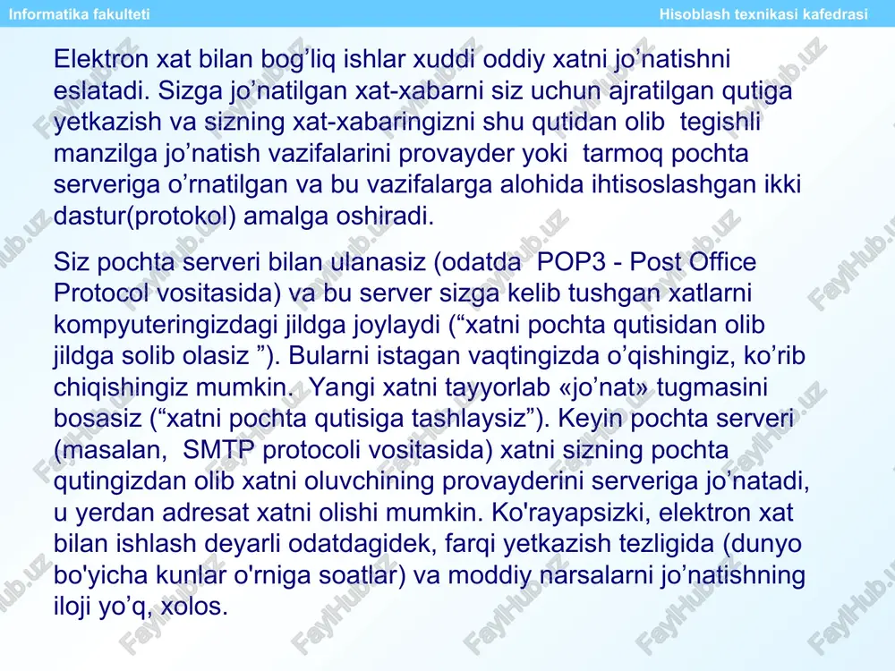nasida dopolnitelnie bo’limida biz quyidagi parametrlarni tavsiya qilamiz (pastdagi rasmga qarang) informatika fakulteti xisoblash texnikasi kafedrasi xatlarni o'qish outlook express sizni xat-xabarlaringzini olgandan so'ng yoki siz instrumentlar panelidan dostavit pochtu ni bossangiz siz xabarlarni xohlagan oynada yoki ko'rish sohasida ko'rishingiz mumkin. paneldagi outlook ni bosing yoki ro'yhatdagi vxodyashie ni bosing. xabarni alohida oynada o'qish uchun xabarlar ro'yhatida uni ikki marta bosing. xabarni ko'rish sohasida o'qish uchun, xabarlar ro'yxatida ikki marta bosing. informatika fakulteti hisoblash texnikasi kafedrasi elektron pochtadan oddiy xat-xabar qanday jo'natiladi? instrumentlar panelida sozdat soobshenie tugmasini bosing. nuqta yoki nuqta vergul orqali (;) komu, kopiya va slepaya maydonlarida elektron pochtani qabul qiluvchining nomini kiriting. manzillar kitobidan elektron pochtaning nomini qo'yish uchun “sozdat soobshenie” oynasidagi komu ishorasini bosing va kerakli nomlarni tanlang. tema maydonida xatning sarlavhasini kiriting. xatning mazmun qismini to’ldiring, so'ngra instrumentlar panelidagi otpravit tugmasini bosing. informatika fakulteti hisoblash texnikasi kafedrasi informatika fakulteti hisoblash texnikasi kafedrasi makhmud@acc.ac.uz tarmoqni tekshirish …