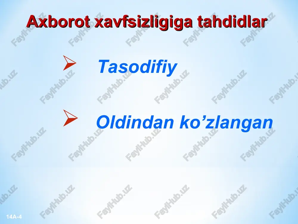 ww.pcworld.com/news/article/0,aid,116807,00.asp. saytiga kiring uskunalar uchun xavf ishlashi va ishonchliligiga ta'sir ko’rsatadi elektr quvvatiga taalluqli xavflar quvvat manbaidagi keskin o’zgarishlar quvvat va elektr to’lqinlari sakrashlari elektr quvvati o’chirilishiga qarshi choralar quvvat oshib ketishini cheklovchilar quvvat stabilizatorlari uzluksiz quvvat manbai generatorlar * * o'qitish uchun maslahat ibp(ups) echimlar to'g'risida axborot olish uchun www.apc.com saytiga kiring. o'qitish uchun maslahat ancha katta qurilmalarda tarmoqni himoya qilish uchun generatorlardan foydalaniladi. kasalxonalar, oziq-ovqat do'konlari va sug'urta kompaniyalari generatorlardan foydalanishlari mumkin. ko'pincha batareya va generator kombinatsiyasi quvvat manbai echimi hisoblanadi. batareyalar generatorlarni ishga tushirish va barqarorlashtirish uchun ancha uzoq vaqt xizmat qiladi. keyin batareyalar ishlashdan to'xtaydi va elektr quvvatini generator etkazib beradi 14a-* axborotlarga xavf eng jiddiy xavf axborotlar kompyuterlar uchun aql idrokdir axborotlar ni tiklash juda qiyin axborotlar ni himoyalashni amalga oshirish juda og’ir va qimmat plagiat – bu boshqalarning ishini o'zining ishi deb taqdim qilish. internet – bu axborotlar almashish va ta'lim olishda katta innovatsiya. …