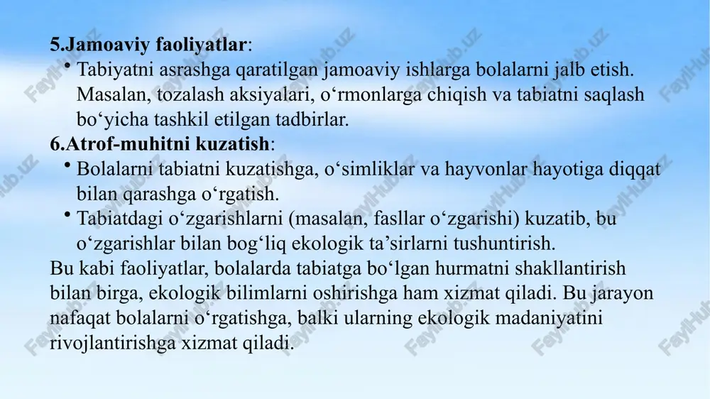 koʻnikmasini kuzatadi, tavsiya etilgan materiallarning bolalar uchun qanchalik qiziqarli, tushunarli va osonligiga eʼtibor qaratadi. agar kerak boʻlsa, tarbiyachi taʼlimiy materiallarni toʻldiradi yoki oʻzgartiradi. kuzatuv natijalari asosida tarbiyachi tabiat bilan tanishtirish yuzasidan bola va uning ota-onalari bilan yakka tartibda ishlashni rejalashtiradi. har hafta oxirida tarbiyachi bolalarning tabiat bilan tanishtirish yuzasidan olib borilgan faoliyatni tahlil qiladi, bolalar nimalarni bilib olganini, har bir bolaning qiziqishi va ehtiyojini, kattalar va tengdoshlari bilan oʻzaro muloqotini kuzatadi, xulosalaydi. shu bilan birga materiallar qay darajada qiziqarli va savodli tayyorlanganligi, qoʻyilgan maqsadga erishildimi yoki yoʻqligi chuqur tahlil etiladi. shundan soʻng keyingi haftaga tayyorgarlik koʻriladi. shunday qilib, rivojlanish markazlarida toʻgʻri tashkil etilgan ish har bir bolaga oʻzi yoqtirgan faoliyat bilan mashgʻul boʻlishga, oʻz kuchi va qobiliyatini sinab koʻrishga, kattalar va tengdoshlari bilan birgalikda faoliyat yuritishga, turli tajribalar oʻtkazish va tahlil qilishga imkon beradi, aynan shular rivojlantiruvchi taʼlim negizini tashkil etadi. “fan va tabiat” rivojlanish markazida taʼlimiy faoliyatlarning olib borilishi.tarbiyachi …
