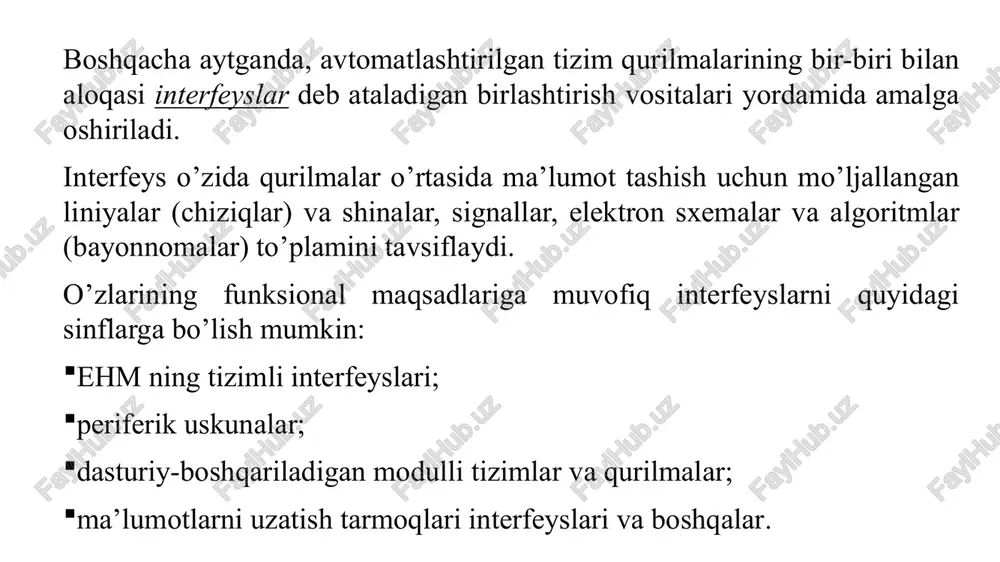 sq, videomonitor va pq bilan mp aloqasi, ishlash tezligi juda yuqori. - orqa plan shinasi – bsb (back – side bus), u fsb ga qaraganda tezroq, bu ikkinchi darajadagi kesh-xotira bilan mp aloqasi uchun shina, - tezkor xotira shina fsb bilan tsqsini bog’laydi. - kiritish-chiqarish shinalari (kengaytirish shinalari) – mp ni pq lar bilan ulashga mo’ljallangan. ular unumdor emas, o’lchami katta, narxi va konstruksiyasi muhim ahamiyatga ega. kiritish-chiqarish tizimining asosiylaridan biri hisoblanadi. b) tashqi (pq interfeyslari) – pqni kiritish-chiqarish tizimiga ulash uchun mo’ljallangan. ular quyidagilar bo’lishi mumkin: - universal, har xil turdagi pqlarni ulash uchun, - maxsuslashtirilgan – bir turdagi pqni ulash uchun. interfeysdagi ma’lumotlarni uzatish tezligi uzatish tezligi bit/sek yoki bayt/sek bilan o’lchanadi. so’z yoki bit bitta sinxroimpulsda uzatiladi deb faraz qilamiz. u holda: f sinxroimpulslar chastotasida uzatish tezligi - parallel interfeys, n – bitlar sonida, n – so’zdagi bayt vpar=fpar n bit/sek=fpar n bayt/sek, fpar 2ggs yuqori qiymati …