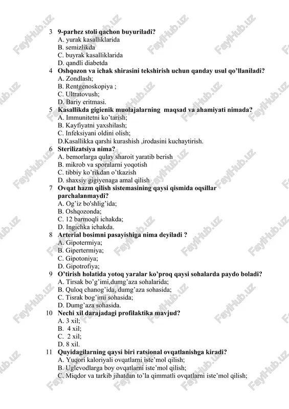 ? a. 3 xil; b. 4 xil; c. 2 xil; d. 8 xil. 11 quyidagilarning qaysi biri ratsional ovqatlanishga kiradi? a. yuqori kaloriyali ovqatlarni iste’mol qilish; b. uglevodlarga boy ovqatlarni iste’mol qilish; c. miqdor va tarkib jihatdan to’la qimmatli ovqatlarni iste’mol qilish; d. parxez ovqatlarni iste’mol qilish. 12 shavqat hamshirasi qo’lida nimani ushlab turadi? a. biksni; b. dori – darmonni; c. gulni; d. shag’amni. 13 o’smirlik yoshida chekish ko’pincha qaysi a’zo kasalliklariga olib keladi? a. qon ishlab chiqarish a’zolari; b. xazm qilish a’zolari; c. siydik-ayiruv a’zolari; d. nafas olish a’zolari. 14 oilada ma’lumotlarni yig’ish va tahlil qilishda muhim holatlar a. bir vaqtning o’zida barcha ma’lumotlarni olish kerakligi; b. tezlik bilan savol-javob o’tkazib olish; c. bir vaqtning o’zida barcha ma’lumotlarni olish shart emas, asosan muammo bilan bog’liq holatlarni tahlil qilsa bo’lgani; d. neytrallik bo’lmasligi lozim. 15 ona qornidagi davrga xos hususiyatlar qaysi qatorda to’g’ri ko’rsatilgan? a. homila paydo bo’lishi, rivojlanishi; b. …