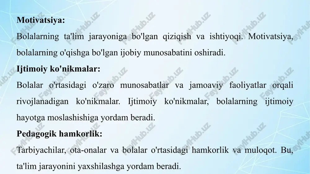 4327235 4. o‘zbekiston respublikasi maktabgacha ta’lim vazirligi “shaxsga yo‘naltirilgan yondashuv asosida ta’lim jarayonini rejalashtirish”. metodik qo‘llanma (birinchi nashr). toshkent – 2020 mualliflar: shin a.v., mirziyoeva sh.sh., grosheva i.v., mikailova u.t., suleymanova yu.t., daukaeva a.g., vlasova e.n., galimova e.f. 5.o‘zbekiston respublikasi maktabgacha ta’lim vazirligi “o‘yin orqali ta’lim olish”. metodik qo‘llanma (birinchi nashr). toshkent – 2020 mualliflar: grosheva i.v., djanpeisova g.e., mikailova u.t., ismailova m.a., kenjabaeva d.a., gulyamova n.b., miftaeva n.a 6. o‘zbekiston respublikasi maktabgacha ta’lim vazirligi “kuzatish va baholash”. metodik qo‘llanma (birinchi nashr). toshkent – 2020 mualliflar: grosheva i.v., olimov k.t., nazarova v.a, djanpeisova g.e., mikailova u.t., kenjabaeva d.a., gulyamova n.b., miftaeva n.a 7. n.sh.abdullayeva, g.m.nazirova, m.m.rizayeva. rivojlanish markazlarini loyihalash va metodik taʼminlash. oʻquv qoʻllanma. toshkent – 2023 8. qodirova f., toshpo‘latova sh., qayumova m va m.a’zamova. “maktabgacha pedagogika”-toshkent.: tafakkur nashriyoti, 2019 y. – 684 b. axborot manbaalari: 1. https://lex.uz › hujjatlar bazasi 2.. www. tdpu. uz 3.www. pedagog. uz 4.www. …