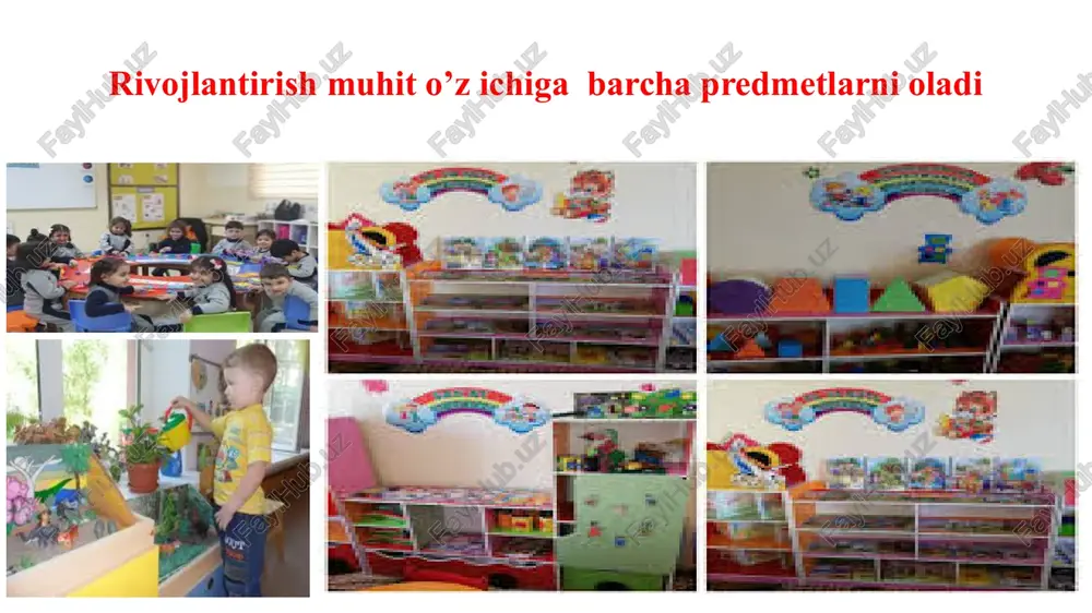 bekiston respublikasi maktabgacha ta’lim tizimini 2030-yilgacha rivojlantirish konsepsiyasini tasdiqlash to‘g‘risida” gi 4312-sonli qarori internet havolasi: https://lex.uz/docs/-4327235 4. o‘zbekiston respublikasi maktabgacha ta’lim vazirligi “shaxsga yo‘naltirilgan yondashuv asosida ta’lim jarayonini rejalashtirish”. metodik qo‘llanma (birinchi nashr). toshkent – 2020 mualliflar: shin a.v., mirziyoeva sh.sh., grosheva i.v., mikailova u.t., suleymanova yu.t., daukaeva a.g., vlasova e.n., galimova e.f. 5.o‘zbekiston respublikasi maktabgacha ta’lim vazirligi “o‘yin orqali ta’lim olish”. metodik qo‘llanma (birinchi nashr). toshkent – 2020 mualliflar: grosheva i.v., djanpeisova g.e., mikailova u.t., ismailova m.a., kenjabaeva d.a., gulyamova n.b., miftaeva n.a 6. o‘zbekiston respublikasi maktabgacha ta’lim vazirligi “kuzatish va baholash”. metodik qo‘llanma (birinchi nashr). toshkent – 2020 mualliflar: grosheva i.v., olimov k.t., nazarova v.a, djanpeisova g.e., mikailova u.t., kenjabaeva d.a., gulyamova n.b., miftaeva n.a 7. n.sh.abdullayeva, g.m.nazirova, m.m.rizayeva. rivojlanish markazlarini loyihalash va metodik taʼminlash. oʻquv qoʻllanma. toshkent – 2023 8. qodirova f., toshpo‘latova sh., qayumova m va m.a’zamova. “maktabgacha pedagogika”-toshkent.: tafakkur nashriyoti, 2019 y. – 684 b. …