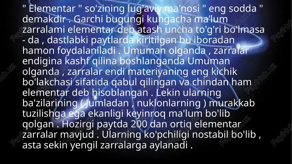 ldi. antipotron 1955-yilda mis nishoni protonlar bilan bambardimon qilish natijasida olindi. elektron va protonlaming antizarralari zaryadining ishorasi bilan farq qilsa , neytron va antineytron xususly magnit momentlarining ishorasi bilan farq qiladi . y zaryadsiz zarralar foton , nº mezonlarning o'zlari va antizarralarining fizik xossalari bir xil . thank you image1.jpeg image2.jpeg image3.jpeg image4.jpeg image5.jpeg image6.jpeg image7.png image8.jpeg image9.jpeg image10.jpeg image11.jpeg image12.jpeg image13.jpeg image14.jpeg image15.jpeg image16.jpeg image17.jpeg image18.jpeg image19.jpeg image20.jpeg | lf cos 8= oot (6) ox gt 8 yoki c= = ekanligidan n ag fr ae (7) nd np 1 1 cos@=— va omax=arccos— (8) n n elektron c praton 0) neytron — ay/alat —massasi, spini, izotopik spini, juft-toqigi o'zining “egizak" zarrasining mos parametrlar-ga o'zaro teng bo'lib, bir-bi-ridan fagat elektr va nuklon zaryadiar, ajibig, magnit momentlarining ishoralar bilan farq qiadigan elementar zarralar