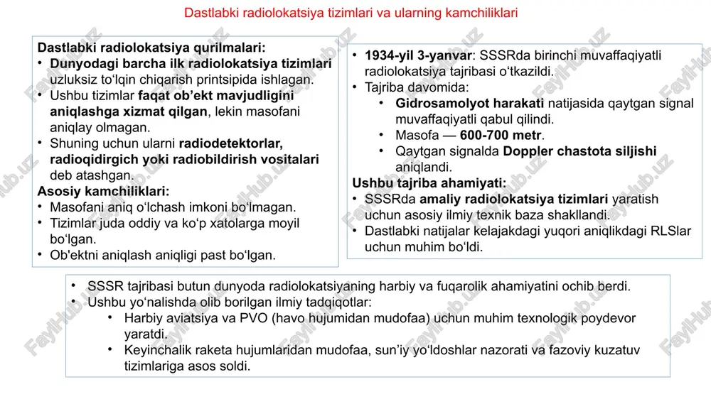 ladi: d — masofa (m), c= 3⋅10 m/s — yorug‘lik tezligi, t — signal kechikish vaqti (s). amaliy jihatdan, signalning 1 mikrosekund (1 mks) kechikishiga to‘g‘ri keladigan masofa 150 metr ga teng. antenna almashtirgichi qabul qilgich uzatgich impulsi nishon belgisi impuls generatori uzatgich impulsli radiolokatsiya tizimining asosiy bloklari: generatsiya va uzatish: impuls generatori signal hosil qiladi. uzatuvchi blok ushbu signalni kuchaytiradi va antenna orqali uzatadi. qabul qilish: antennali kommutator uzatish va qabul qilish rejimlarini almashtiradi. qabul qiluvchi blok aks etgan signalni qabul qilib, kuchaytiradi. indikatsiya: qaytgan signal indikator (masalan, nurli trubka) orqali vizual tarzda ko‘rsatiladi. impuls yuborish va qaytgan signal orasidagi farq asosida masofa aniqlanadi. muhim evolyutsiya: avval signal uzatish va qabul qilish uchun alohida antennalar ishlatilgan. biroq, texnik taraqqiyot natijasida yagona antenna va antennali kommutator orqali bu vazifa bajarila boshlandi. bu tizimni soddalashtirdi va ishonchliligini oshirdi. 9 how does radar work? dunyodagi dastlabki radiolokatsiya tizimlari buyuk britaniya tajribasi: 1935-yil …