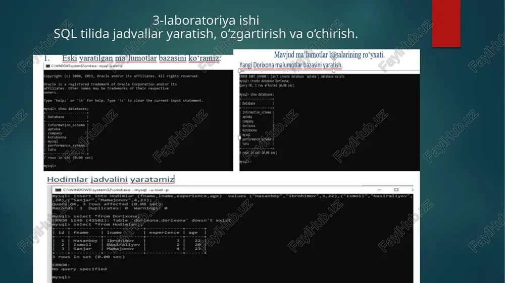 key(id) => 3 uery ok, @ rows affected (1.49 sec) mysql> desc gazeta; | int(11) | no | pri | null | | g_nomi | varchar(25) | yes | | null | | | g_nashriyoti | varchar(25) | yes | | wut | | — oe + 3 rows in set (0.01 sec) mysql> select max(f_id) as ‘eng oxirgi foydalanuvchi’ from foydalanuvchi; | eng oxirgi foydalanuvchi | 1 row in set (@.00 sec) mysql> update gazeta set g_nomi=null where g_id: query ok, 1 row affected (0.47 sec) rows matched: 1 changed: 1 warnings: 0 mysql> select*from gazeta => § aecs= | gid | g nomi sense | 1 | xalq so'zi | 2005 | | 2 | vatanparvar | 2002 | | 3 | null | 2003 | + oe 3 rows in set (0.00 sec) | mysql> delete from gazeta where g_nomi is null; query ok, 1 row affected …