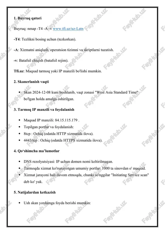 yoki boshqaruv interfeyslari. · 10000/tcp: webmin kabi veb-boshqaruv ilovalari. 4. dns rezolyutsiyasi: · domenning ip manzilga mos kelishi muvaffaqiyatli amalga oshirilgan. 5. umumiy vaqt: · syn stealth scan 0.9 soniya ichida yakunlangan (1000 portlar tekshirilgan). xavfsizlik bo'yicha tavsiyalar: · ochiq portlar xavfsizlik risklarini keltirib chiqarishi mumkin. foydalanilmayotgan portlarni yopish yoki ularga kirishni cheklash tavsiya etiladi. · ssh (22/tcp) portiga kirish uchun kuchli autentifikatsiya talab qilish. · https portidagi sertifikatni tekshirish va yangilanganligiga ishonch hosil qilish. 2-topshiriq: tarmoqlararo ekran vositasi yordamida tarmoq himoyasini qurish ishning maqsadi tarmoqlararo ekran vositalaridan foydalanish, ruxsatsiz tarmoq resurslarini himoyalash, ruxsatsiz kirishlarning xatolar va hujumlarning tarmoq ichki segmentlariga yetib borishiga yo'l qo'ymas. tarmoqni qo'llash uchun harakatni filtrlash va tarmoq trafigini boshqarish orqali yordam berish. ush amaliyotda maqsadli: · xavfsizlik nazorati orqali tarmoq trafigini nazorat qilish. · ichki va tashkilot tarmog'iga o'ziga xos ma'lumot infektsiyasini chiqarish. · muayyan portlar va kirish uchun ruxsat yoki cheklov qo'yish. · potensial …