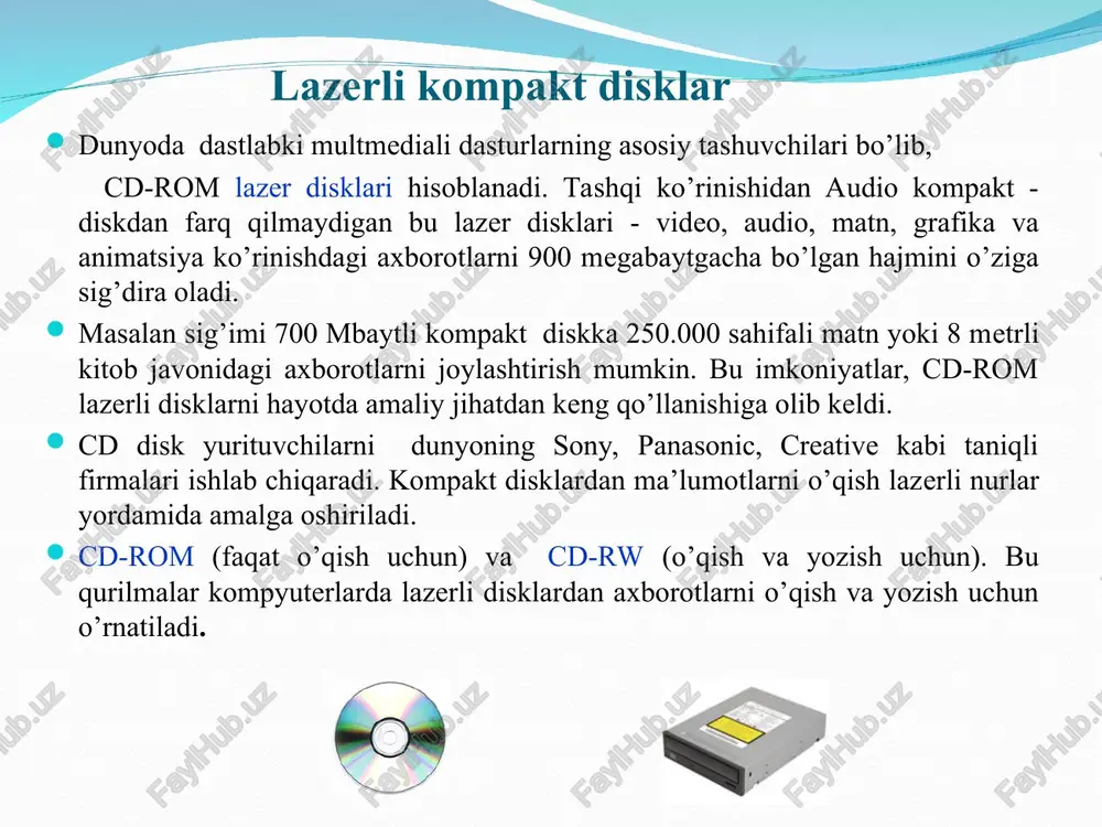 rangidan olingan. blue ray disklarining hajmi 25 gb bo’lib, ulardan dvd standartidan ham yuqori sifatli hd (high density - yuqori aniqlikdagi) va full hd – to’liq yuqori aniqlik standartidagi teleko’rsatuvlar va videomateriallarni saqlash uchun ishlatiladi. hd standartida har bir kadr 1280x720, full hd da 1920x1080 o’lchamga ega bo’ladi. * disklarga xizmat ko’rsatuvchi dasturlar: cd va dvd disklarga matn, tasvir, rasm, audio, video fayllarni yozish va qayta yozish uchun asosan hozirgi kunda nero express, total commander tarkibidagi aburner dasturlari ishlatiladi. nero dasturi kompyuterga o’rnatilgan bo’lsa, uni ishga tushirish uchun quyidagi ketma-ketlikni bajaramiz: pusk vse programmi nero nero express qattiq magnitli disk (vinchester) kompyuterning asosiy ma’lumotlar saqlanadigan xotirasi hisoblanadi. ular hajmi va ishlash tezligi bilan farqlanadi. qattiq disk-kopyuterning sistemali blokiga o’rnatiladi va shleyf deb nomlanuvchi maxsus shnur bilan plataga ulangan bo’ladi. kompyuter o’chirilganda ham qattiq diskda ma’lumotlar saqlanib qoladi. qattiq magnitli disk yoki vinchester nomi 1973-yilda ibm kompaniyasi tomonidan ishlab chiqilgan. uning …
