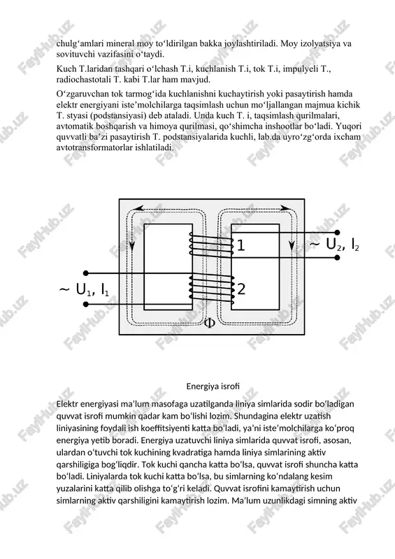 n ishlangan lentadan o‘rab tayyorlangan magnit o‘tkazgichlar keng qo‘llaniladi transformatorlarning po‘lat o‘zagi po‘latdan tayyorlanadi. kuch transformatorning tuzilishi. 1. kengaytiruvchi bak. 2. izolyator. 3. transformator o‘zagi. 4. transformator qopqog‘i. 5. radiatori 6. past kuchlanish cho‘lg‘ami. 7. yuqori kuchlanish cho‘lg‘ami image1.png image2.png image3.png image4.png image5.png image6.png seas ge figs 6