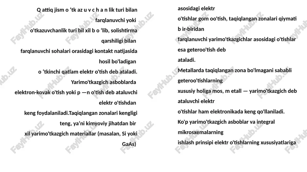 ali qo'shni sohalarga diffuziyalanish hisobiga p-n o'tishning elektr maydoniga teskari yo'nalishda siljiydilar. natijada diffuziya toki idifhosil bo'ladi. asosiy zaryad tashuvchilarning p-n o'tish orqali diffuziyalanishi bilan bir vaqtda noasosiy zaryad tashuvchilarning p-n o'tish maydoni yo'nalishida siljishi boshlanadi. bu maydon noasosiy zaryad tashuvchilarga tezlatuvchi ta’sir ko'rsatib, dreyf tokini hosil qiladi. p-n o'tishga elektr kuchlanish berilmaganda termodinamik muvozanat yuzaga keladi, ya’ni diffuziya va dreyf toklari absolut qiymatlari teng bo'ladi. diffuziya va dreyf toklari qarama-qarshi tomonlarga yo'nalgan bo'lgani sababli p-n o'tish orqali tok oqmaydi, ya’ni makroskopik zaryad tashish amalga oshmaydi nomuvozanat holatda p-n o ‘tish undan yuqori energiyali zarrachalar soni eksponensial ravishda keskin kamayishi ko'rinib turibdi. bu yerda nn — asosiy zaryad tashuvchilarning konsentratsiyasi. shunga o'xshash ifoda kovaklarni energiyalar bo'yicha taqsimlanishini belgilaydi. p-n o‘tishning to‘g ‘ri ulanishi. agar p-n o ‘tishga tashqi kuchlanish u(0) berilsa muvozanat buziladi va undan tok oqib o ‘ta boshlaydi. kuchlanish manbayining musbat qutbi-p — sohaga, manfiy qutbi esa n …