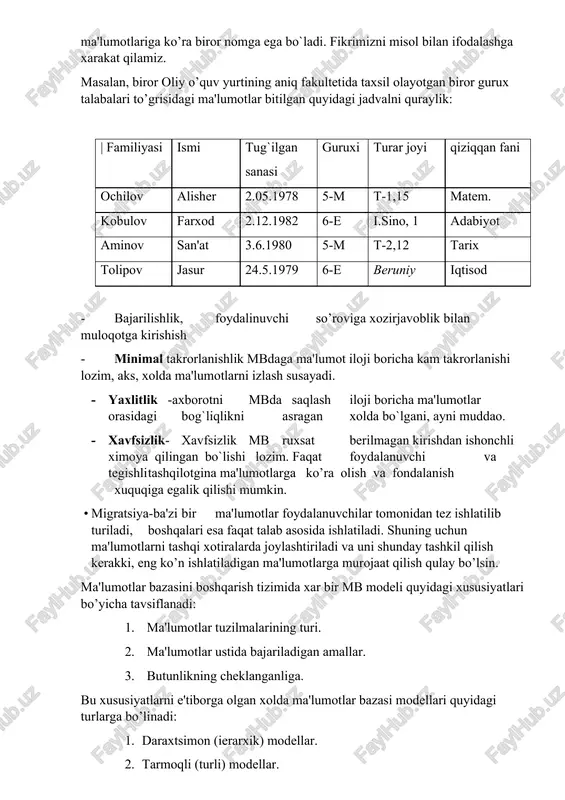 ion modellarda esa ob'sktlar va ularning o`zaro aloqalari ikki o`lchovli jadval ko`rinishida tasvirlanadi. ma'lumotlarning bunday ko`rinishda tasvirlanishi ob'ektlarning o`zaro aloqalarini yaqqol tasvirlanishiga asos bo`ldi. ma'lumotlar bazasida ma'lumotlarni boshqarish uchun ma'lumotlar manipulyatsiyasi tili (dml) qo'llaniladi. dml buyruqlari avtomatik bajarilmagan. bu, dml buyrug'i bilan qilingan o'zgartirishlar ma'lumotlar bazasi uchun doimiy emas va uni orqaga qaytarish mumkinligini anglatadi. sql(structured query language) – bu so'rov tili ko'p operatorlardan tashkil topgan bo'lib, bu operatorlar orqali foydalanuvchilar va dasturlar oracle(mbbt) dagi ma'lumotlar bazasiga murojaatni amalga oshirishi mumkin. oracle utililari yoki har xil dasturlar sql operatorlarisiz bazaga murojaatni amalga oshirishi mumkin, lekin so'rovlarni amalga oshirishda bu so'rov tilidan foydalanmaslikning iloji yo'q. 1970 yil iyun oyida e. f. kodd o'zining e.f. codd, "a relational model of data for large shared data banks" maqolasini ommaga taqdim etdi. bu maqola "communications of the acm" jurnalida chop etildi. hozirgi kunda koddning bu modeli "relyastion ma'lumotlar bazasini boshqarish tizimi(rmbbt)" ning yakuniy modeli …