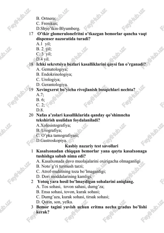 usuli qanday nomlanadi? a. qaynatish b. spirtga botirish c. bug'lantirish d. xloraminga botirish 7 bemorlarda beihtiyor defikatsiya qachon kuzatiladi? a.ichak kasalliklarida; b. yiringli yallig’lanish kasalliklarida; c. nerv boshqaruvi buzilganda, nerv sistemasi kasalliklarida; d.metiorizmda. 8 ko’z kalla suyagining ko’z chuqurchasida joylashgan asab tolasini aniqlang. a. i-hid bilish asab tolasi ; b. ii-ko’rish asab tolasi; c. iii ko’zni aylantiruvchi asab tolasi; d. iv to’siq qo’yish asab tolasi. 9 beixtiyor ichi keladigan bemorlar qanday parvarishlanadi? a.surgi dorilari beriladi; b. xuqna qilinadi; c. oson xazm bo’ladigan ovqatlar beriladi; d.rezina sudna beriladi. 10 pedikulyoz asosan qayerda kuzatiladi? a.bosh,kiyim,chov sohasida; b. quloqda; c. burunda; d.qoshda. 11 oila, do’stlar, ularning muloqoti, qo’llab-quvvatlashi, bir-biriga bog’liqlik, sevgi-bular qaysi ehtiyoj hisoblanadi? a.ijtimoiy ehtiyoj; b. ruhiy ehtiyoj; c. dam olishga ehtiyoj; d.mehr-muhabbatga ehtiyoj. 12 yotoq yara paydo bo’ladigan sohalarning qanday o’ziga xos anatomik tuzilishga ega? a. qalin muskul qavatdan tashkil topgan; b. nerv bilan yaxshi ta’minlangan; c. qon bilan yaxshi ta’minlangan; …