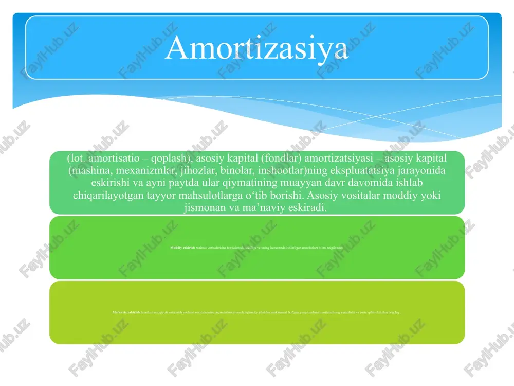 ri xarajatlari; - mashina va asbob-uskunalarni ta'mirlash uchun ehtiyot qismlar; 15 - boshqa korxona va tashkilotlar tomonidan ko'rsatiladigan ishlab chiqarish xizmatlari; - tabiiy xom ashyodan foydalanish bilan bog'liq soliq, yig'im va boshqa to'lovlar; ishlab chiqarishda bekor turib qolish va sifatsizlik (brak) tufayli yuzaga keladigan yo'qotishlar; saqlash bilan bog'liq bo'lgan xarajatlar; maxsulot (yarim maxsulotni) etkazish bilan bog'liq bo'lgsn transport xarajatlari. 16 • er uchastkalar, egalik qilish hukukiga ega korxonaga tegishli bo'lgan tabiatdan foydalangan ob'ektlar (suv er osti boyliklari, boshqa tabiiy resurslar); ishlab chikarishga tegishli bo'lgan asosiy vositalar va nomoddiy aktivlar: • binolar (ishlab chiqarish - texnik, yordamchi binolar va boshqalar); • inshootlar (injenerlik qurilish ob'ektlari, ishlab chiqarishga ko'maklashuvchi inshootlar); • uzatish qurilmalari (elektr uzatish shaxobchalari); • mashina, uskuna va jihozlar; • o'lcham va nazorat qilish asboblari, qurilmalari va laboratoriya jihozlari; • korxona imidji, innovatsion ishlanmalar, patentlar. 17 kadrlar tayyorlash va ularni qayta tayyorlash xarajatlari; ishlab chiqarish axamiyatiga ega bo'lgan xarajatlar: - …