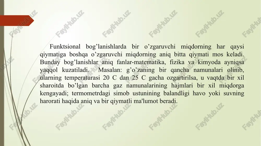 vuti kelajak avlodda kamayadi – regressiyalanadi degan xulosaga kelgan. buning sababi shundaki, farzandlari bo’ylari nafaqat otalari bo’yicha bog’liq, balki ularga ona bo’yi va boshqa bola voyaga yetishi bilan bog’liq omillar ta’sir etadi va ular ikkiyoqlama yo’nalishda bola o’sishiga ta’sir etgani uchun og’il bolalar bo’yini o’rtacha darajaga yaqinlashtiradi. umuman olib qaraganda, bo’y o’zgaruvchanligi kamaymaydi, albatta, hozirgi “akseleratsiya” davrimizda o’rtacha inson bo’yi avloddan avlodga cho’zilib (uzayib ) bormoqda. korrelyatsiya koeffitsent kuzatilayotgan 2 kishi orasida bog’lanish bor yo’qligini aniqlab beradi. lekin belgining aniq bir qiymatiga 2 belgining qanday qiymati mos kelishini, bir belgining qiymatlari qanchagadir o’zgarganda 2-chi belgining qiymatlari qanchaga o’zgarishini korrelyatsiya koeffitsientidan aniqlab bo`lmaydi. bu savollarga javob olish uchun regressiya koeffitsenti va regressiya tenglamasi topiladi. shunday qilib korrelyatsion bog’lanishlarni har taraflama chuqur tahlil qilish uchun korrelyatsion tahlil va regressiya usullari birgalikda qo’llanishi kerak. misol: odamning bo’yi va og’irligi misolida korrelyatsiya, regressiya koeffitsientlari va regressiya tenglamasi qanday topilishini korib chiqamiz. 10 odamning bo’yi …