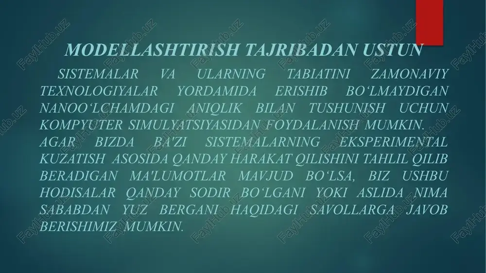 u – optimallashtiruvchi. f – maqsadning minimumi yoki maksimumi. quyida jarayon matematik modeli qo’llangan holda optimallashtirish masalasini yechish algoritmi ko’rsatilgan jarayon. dasturiy ta’minot. modellashtirish dasturiy paketlari ikki kategoriyaga bo’linadi: diskretli - hodisali va uzluksiz modellashtirilgan. diskret modellashtirilgan hodisalar statistik hodisalarni modellashtirishda, masalan, bankda navbatda turgan mijozlar holatini. uzluksiz simulyatorlar keng miqyosdagi fizik hodisalarni modellashtirish uchun qollaniladi, masalan, ballestik traektoriyalar, elktr yuritmalar harakati, bug’ turbinasi va h.k. modellashtirish tuzilmani dastlabki loyihalash bosqichlarida amalga oshiriladi va modellashtirish natijalaridan foydalaniladi. real vaqt mobaynidagi uzluksiz modellashtirish operatorlarni tayyorlash, qurilmalarni sozlash uchun ko’p qo’llaniladi. modellashtirishga yondoshuvning tortta turi mavjud: hodisalarni rejalashtirish usuli, faollikni skanerlash, jarayonlar tasirlashuvi va uch fazali yondoshuv. bu usullarni solishtirish uchun quyidagilarni keltirish mumkin: hodisalarni rejalashtirish usuli soddaroq bo’lib faqat ikkita fazaga ega, dastur tezroq ishlaydi, shartli hodisalarni skanerlash shart emas. faollikni skanerlash yondoshuvi uch fazaki usulga nisbatan soddaroq, calendar - sanag bo’glanish yo’q va tejamkor modellashtiriladi. ammo bu yondashuv uch fazali …
