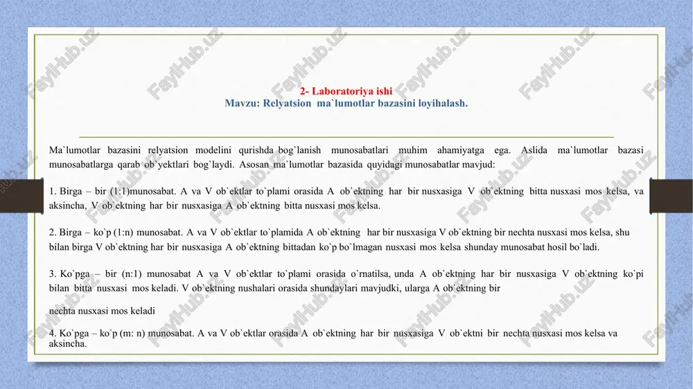 `shimcha o`rganib va tahlil qilib, ―mohiyat-aloqa‖ modeli kerakli elementlar, bog`lanishlar va munosabatlar bilan to`ldiriladi. so`rovlar tizimini ma`lumotlar bazasidan foydalanuvchiga beriladigan axborot bo`yicha standart va nostandart so`rovlarga sinflanadi. ma`lumotlar bazasiga reglamentlanmagan so`rovlar deb foydalanuvchilarni joriy ehtiyojlariga qarab, lekin qurilgan model imkoniyatlari chegarasida va bu so`rovlarni unga relevantligini saqlangan holda o`zini ta`rifini o`zgartirish imkonini beradigan so`rovlarga aytiladi. 7-labaratoriya mavzu: group by va order by standart so’zlaridan foydalanib so’rov yaratish ma`lumotlar bazasi ustida so`rovlar tashkil etishda guruhli funktsiyalar bilan xam ishlash mumkin. guruhli funksiyalar jadvaldan yigilgan axborotlarni olish uchun xizmat qiladi. bu funksiyalari jadvaldagi satrlar guruxi bilan amal bajarib, 1 ta natija chiqaradi. guruxli funksiyalar uchun quyidagi amallarni ishlatamiz. select komandasida group by parametr ham ishlaydi. bu paramet bir maydon o`xshash parametrlari (aniqlanayotgan qiymati) boyicha guruhlaydi va agregat funksiyalar ishlatilsa, ular shu guruhga bo`ladi. misol: select student_id max (mark) from exam_marks group by student_id guruhlashni bir nechta maydon bo`yicha ham bajarish mumkin. select …