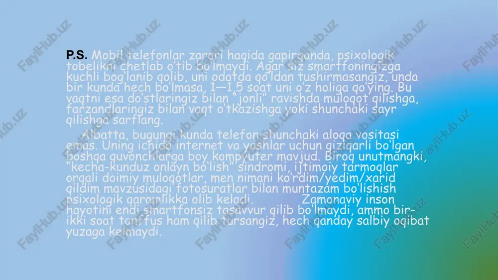 soniya davomida yutiladigan elektr magnit quvvatining solishtirma koeffitsiyenti hisoblanadi. mazkur koʻrsatkich bilan mobil telefonlar yetkazadigan zarar darajasi aniqlanadi. statista kompaniyasining eʼtiroficha, eng kuchli va eng past magnit nurlanishiga ega smartfonlar quyidagilar: 7 e’tiboringiz uchun rahmat image1.png image2.jpeg image3.jpeg image4.jpeg @q-—--- the phones emitting the most radiation ‘specific absorption rate’ of smartphones that emit the most radiation” n watts per kilogram”) xiaomi mi at oneplus st ior’ mi max 3 onepius 6t htcut2 ife xlaomi mi mix 3 google piel 3x oneplus iphone 7 sony xperia x21 compact htc desire 12/12 google pixel 3 onepius 6 ‘phone & ¥igomi remi note § zteaxon 7 mini a a a a hte a s a « sony hie saene mom aw doom) es rr» dood ee doom aa dmm) do») doon» d»>»»»»»»»» as >>>») za om domooomom a ppd) eer dpd) et doom hmo», the phones emitting the least radiation ‘specific absorption rate …