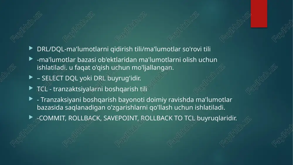 sana va hokazo. 3. belgilar va string ma'lumotlar turlari, masalan, char, varchar, matn va boshqalar. 4. unicode belgilar qatori ma'lumotlar turlari, masalan, nchar, nvarchar, ntext va boshqalar. 5. ikkilik, varbinar va boshqalar kabi ikkilik ma'lumotlar turlari. 6. turli xil ma'lumotlar turlari - clob, blob, xml, kursor, jadval va boshqalar. sql ma'lumotlar turlarining muhim nuqtalari barcha ma'lumotlar turlari har bir relyatsion ma'lumotlar bazasi sotuvchisi tomonidan qo'llab-quvvatlanmaydi. masalan, oracle ma'lumotlar bazasi datetime va mysql clob ma'lumotlar turini qo'llab-quvvatlamaydi. shunday qilib, ma'lumotlar bazasi sxemasini loyihalashda va sql so'rovlarini yozishda, ma'lumotlar turlari qo'llab-quvvatlanadi yoki yo'qligini tekshiring. har bir relyatsion ma'lumotlar bazasi sotuvchisi har xil ma'lumotlar turlari uchun o'zining maksimal hajmi chegarasiga ega, siz chegarani eslab qolishingiz shart emas. g'oya, ma'lum bir stsenariyda qanday ma'lumotlar turidan foydalanishni bilishdir. select iborasida ko'plab ixtiyoriy bandlar mavjud: selectband - so'rov orqali qaytarilishi kerak bo'lgan ustunlar yoki sql ifodalari ro'yxati. bu taxminan relyatsion algebra proyeksiya operatsiyasi. asixtiyoriy ravishda banddagi …