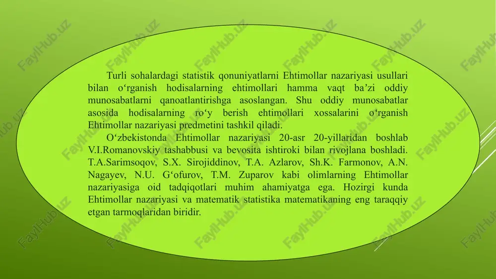 yoʻli onadagi a gameta bilan otadagi xuddi shunday a gametani oʻzaro birlashtirishdir. har bir ota-onada a gametaning hosil boʻlish ehtimoli 1/2 ga teng. bundan aa genotipli organizm olish ehtimoli: (onadagi a gameta ehtimoli) x (otadagi a ehtimoli) = (1/2) * (1/2) = 1/4 ga tengdir. ehtimollik qonunlarini diduragay chatishtirishda tatbiq qilish bitta genning irsiylanishi masalalarida pennet katakchasi qulaylik jihatidan ehtimolliklarni toʻgʻridan toʻgʻri hisoblash usuli bilan bir xil. (ammo vizual usullarni afzal bilsangiz, toʻgʻridan toʻgʻri hisoblash sizga oson emas, aksincha, qiyin ham tuyulishi mumkin.) lekin ikki yoki undan ortiq genlar haqida gap ketganda, ehtimolliklar pennet katakchasidan koʻra birmuncha afzalroqdir. misol uchun, bbcc genotipli ikkita itni oʻzaro chatishtirib koʻramiz. bunda b allel qora yungni (b esa sariq) hamda c dominant allel tekis (c esa jingalak) yungni ifodalaydi. ikkala gen oʻzaro mustaqil irsiylanib, jinsga birikmaganligini eʼtiborga olgan holda tugʻilgan avlodlar orasida bbcc genotipli kuchukchalar ulushini qanday topish mumkin? buni topishning bir usuli 16 …