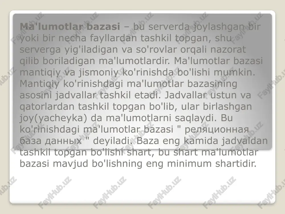 er tarmog’ida axborot bilan ishlash uchun mijoz-server arxitekturasiga asoslangan dasturlar yaratish. bizga oracle dasturida relyatsion ma’lumotlar bazasini yaratish mustaqil ish sifatida berilgan edi. dastavval oracle dasturini kompyuterga yuklab oldim. men “fakultet” ma’lumotlar bazasini yaratishni tanladim. buning uchun avval predmet sohani ya’ni fakultetlarni tahlil qildim. keng qo’llaniladigan modellardan biri mohiyat-aloqa modeli bo’lib, asosan obyektlarning yig’indisini va ular o’rtasidagi bo’liqlikni tasvirlaydi. fakultet mb sining obyektlari va atributlarini tanlab mohiyataloqa modelini yaratdim. oracle sql kodlari orqali buyruqlarni qabul qiladi. bu so’rov tili ma’lumotlar bazasini yuklash, uni to’xtatish, montirovka qilish, jadvallar yaratish, o’chirish, o’zgartirish, ma’lumotlar ichidan kerakligini chiqarib olish va boshqa vazifalar uchun ishlatiladi. fakultet mb sining relyatsion modelini yaratish uchun create table komandasidan foydalanib 6 ta jadval yaratib oldim. insert buyrug’idan foydalanib jadvallarga ma’lumotlar kiritib chiqdim. biror dorining narxini o’zgartirish kerak bo’lganda update buyrug’idan, yaroqlilik uddati o’tgan dorilarni o’chirish uchun delete buyrug’idan, o’zimizga kerakli ustunlarni chiqarish uchun select buyrug’idan foydalanishni bilib oldim. group …