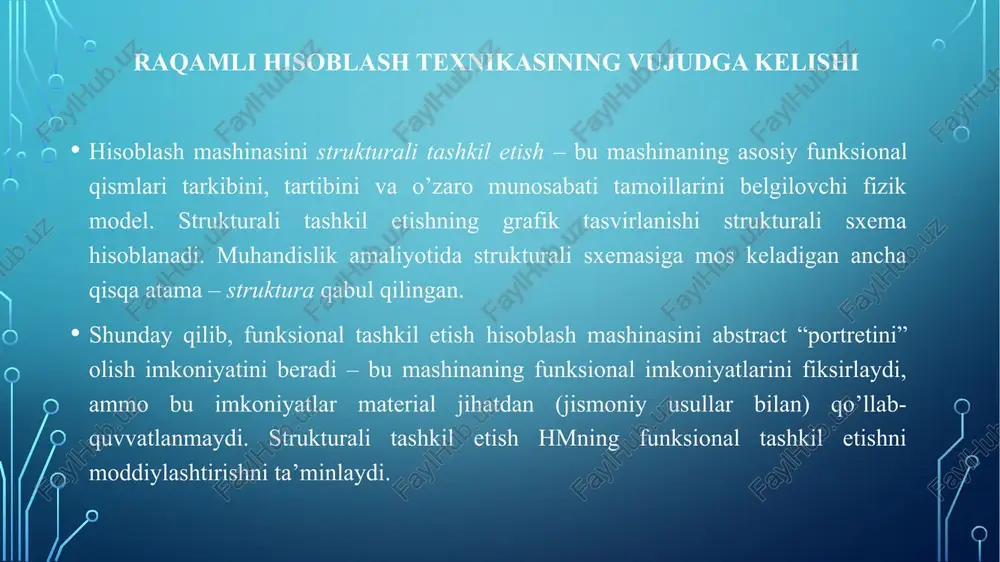 k funksional xususiyatlar va dasturiy ta’minotning rivojlanish darajasiga ko’ra birlashtirilgan va hisoblash texnikasi vositalari sanoatining rivojlanishining ma’lum bir davrini tavsiflovchi hm ni sinflashtirish guruhidir». hisoblashni avtomatlashtirish vositalarining evolyutsiyasi. funksional xususiyatlarni rivojlantirish g’oyalaridan biri, jon fon neyman tomonidan shakllantirilgan, xotirada saqlanadigan dasturi bo’lgan hisoblash mashina tamoili hisoblanadi. uni boshlang’ich nuqtasi sifatida olib, ht rivojlanish tarixini uch bosqich ko’rinishida aks ettirish mumkin: - neymangacha bo’lgan davr; - fon-neyman arxitekturasiga ega bo’lgan hisoblash mashina va tizimlar davri; - neymandan keying davr – parallel va taqsimlangan hisoblashlar davri, bu yerda an’anaviy yondashuv bilan bir qatorda fon-neyman tamoilidan farqli ravishda hisoblash jarayonlarini tashkil etish tamoillari tobora ortib bormoqda. biroq, avlodlarning texnologiya o’zgarishiga bog’liqligi ancha kendroqdir. «mexanik» davr (nolinchi avlod) va undan keyin kelgan htning besh avlodi haqida gapiriladi. birinchi to’rt avlod an’anaviy ravishda hisoblash tizimlarining element bazalari bilan bog’liq: elektron lampalar, yarimo’tkazgich qurilmalar, kam integrallashgan integral sxemalar (kamis), katta (kis), juda katta (jkis) va ultra …