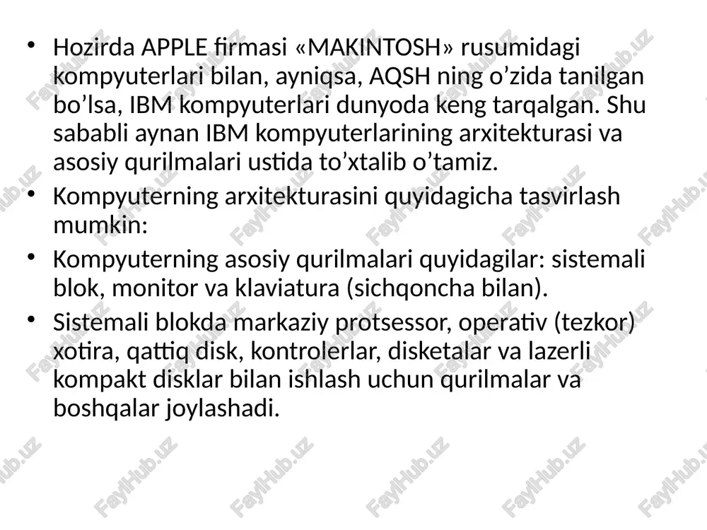 lumotlarni qayta ishlash bilan bog’liq biror masalani yangi axborot texnologiyasi doirasida samarali bajarish uchun kullaniladigan kompyuterning imkoniyatlarini bilish lozim. ushbu imkoniyat haqidagi bilimlar kompyuterning konfiguratsiyasi tushunchasini tashkil etadi. shklarni konstruktiv (tuzilmaviy) xususiyatlariga kura kuyi­dagicha tasniflash mumkin. 1.3 kompyuterda ma`lumotlarni tashkil etish va saqlash. kompyuter ishlov beradigan barcha ma'lumotlar elementlari «kishtchalar», ya'ni 0 va 1 rakamlardan (bitlar) dan tuziladi. shundan sung kuyidagi zanjir xosil buladi: bit-bayt-fayl-katalog- mantiqiy disk. bit — axborotning eng kichik birligi bulib, 0 yoki 1 rakami beradigan axborotni bildiradi. bitning kiymatini uchirilgan-yokilgan, yuk-xa, yolkon-rost alternativalari kabi talkin etish mumkin. kompyuter konkret bitlar bilan aloxida juda kam xollarda ish kuradi. odatda kompyuter sakkiz bitdan iborat 0 va 1 rakamlari kombinatsiyasi bilan ishlaydi. bu kombinatsiyalar bayt deb ataladi. kompyuterning barcha ishlari — bu, baytlar tuplamini boshqarishdir. baytlar kompyuterga klaviatura yoki disklardan (yoki aloxida liniyalar orkali) kelib tushadi. shundan sung dasturning buyruki (operatorlari) buyicha baytlarga ishlov beriladi. ular vaktincha saklab turiladi …
