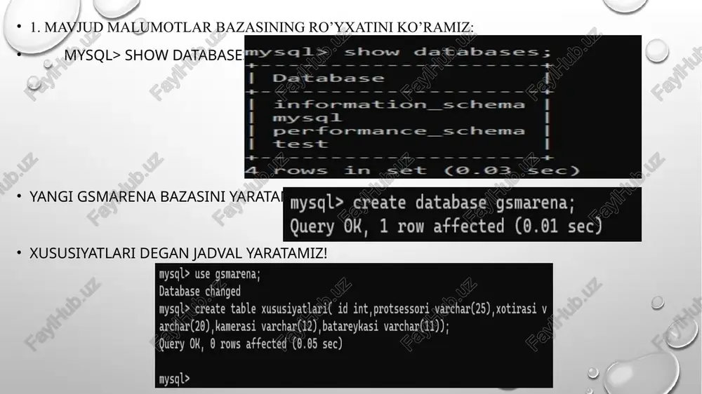 8_gb | 48_mp | 5000_mah | 6.7_dyum | null toon n onan foc nnnnnnnnn fanaa nanan fanaa nanan fanaa naan foono a - + 1 row in set (0.00 sec) mysql> update xususiyatlari set narxi='500$' where id=1 query ok, 1 row affected (0.01 sec) rows matched: 1 changed: 1 warnings: 0 mysql> select *from xususiyatlari; toon fanaa anna nan re fanaa nanan fanaa nanan fanaa nanan 4o--- = + | id | protsessori | operativ_xotirasi | kamerasi | batareykasi | displeyi | narxi z | 1 | snapdragon 888 | 8_gb | 48_mp | 5000_mah | 6.7_dyum | 500$ toon focan nanan foc a nanan nanan fanaa nanan focan nanan fanaa nanan 4oo-- + 1 row in set (0.00 sec) mysql> select min(id) as ‘eng birinchi xodim', lavozimi from xodimlar; aaa - n= fanaa nna | eng birinchi xodim | lavozimi | fon n sana fanaa nanan + | 1 …
