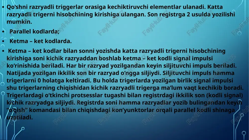 enti cs - kod segmenti ds - ma’lumotlar segmenti qo‘shimchalar: es,fs,gs-qo‘shimcha segment registry flag registri flag registri 1 ta, undagi har bir razryad ma’lum bir vazifani bajarishga mo‘ljallangan. shunga kura flag razryadlarini 2 guruhga bo‘lish mumkin 1) holat flaglari 2) boshqarish flaglari holat flagiga quyidagilar kiradi: 00 – razryad cf - o‘tkazish flagi 02– razryad pf-qiymatning juftligini tekshiradi 04– razryad af-qo‘shimcha o‘tkazish flagi 06– razryad zf-nol flag 07– razryad sf-ishora flagi 11– razryad of-to‘lib-toshish flagi 12-13 – razryadlar iopl-kiritish chikarish darajasini belgilash flagi 14– razryad nt-masala berilishi flagi boshqarish flaglari 08– razryad tf-qopqon flagi 09– razryad if-uzulishlar flagi 10– razryad df-yo‘nalish flagi 16– razryad rf-yangilash flagi 17– razryad vm-vertual rejim flagi 18– razryad ac-taqqoslashni nazorat qilish flagi 19– razryad vif-uzulishning virtual flagi 20– razryad vip-koldirilgan uzulishlar flagi 21– razryad id-protsessorni identifikatsiyasini qo‘llash soprotsessor registrlari soprotsessor registrlar o‘nli nuqtasi siljuchi sonlar bilan ishlashga mo‘ljallangan bo‘lib ularda st(0) dan st(7) gacha bo‘lgan …