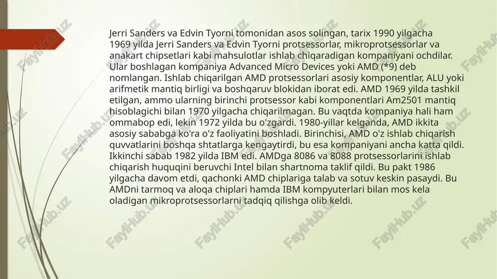 huningdek kesh-keshning pastki va ikkinchi darajali ishlashi mavjud. shuni ham ta'kidlash kerakki, fx liniyasiga tegishli bo'lgan ko'plab protsessorlar qo'shimcha sovutishga muhtoj, ular alohida sotib olinishi kerak. yana bir kamchilik shundaki, amd protsessorlari uchun intel-ga qaraganda kamroq o'yin va dasturlar moslashadi va yoziladi. biz endi ikkala kompaniyaning ishlab chiqargan eng kuchli protsessorlarini ko’rib chiqamiz. amd hozirgi kundagi eng kuchli protsessori amd ryzen™ threadripper™ pro 5995wx ushbu protsessor 64 cores/ 128 threads asosiy chastotasi 2,7 ghz yuqori chastotasi 4,2 ghz tdp: 280w ushbu protsessor bir vaqtda juda ko’p amallarni bajara olganligi tufayli kuchli kompyuterlarga o’rnatiladi. narxi : 11 000$ intel kompaniyasining hozirgi kundagi eng kuchli protsessori bu intel xeon platinum 8368 ushbu protsessorda 38 cores/ 76 treads asosiy chastotasi 2,4 ghz yuqori chastotasi 3,4 ghz 57mb cache. tdp: 270w narxi: 6700$ ushbu turdagi protsessorlar asosan serverlarda o’rnatiladi. biz serverlarga o’rnatiladigan ikkala kompaniya ishlab chiqargan protsessorlarni ko’rdik endi esa shahsiy kompyuterlar uchun ishlab …