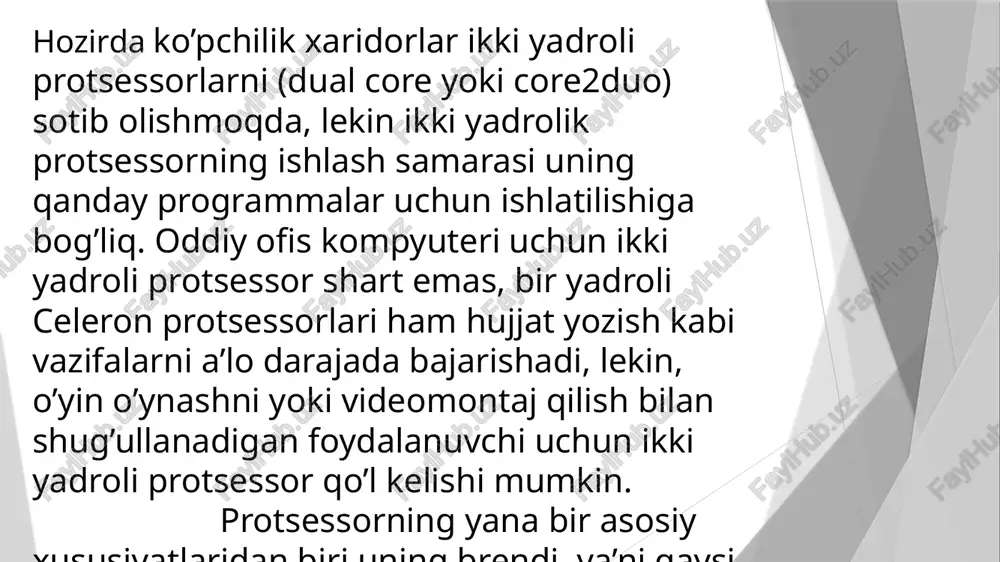 hi 386 yoki 286 protsessorlarining, yoki 12000 mgts takt chastotasida ishlovchi 8088 protsessorining unumdorligiga teng ekanligiga ishonch hosil qilamiz.agar 8088 protsessorli dastlabki pc 4,77 mgts ga teng bo‘lgan takt chastotasida ishlaganligini e’tiborga oladigan bo‘lsak, hozirgi kompyuterlar ular bilan taqqoslaganda 1,5 mingdan tezroq ishlaydi. shuning uchun, kompyuterlarning samaradorligini takt chastotasiga asoslanib taqqoslash mumkin emas; tizimning unumdorligiga boshqa faktorlar ham ta’sir ko‘rsatishini e’tiborga olish zarurdir. cisc tipidagi mikroprotsessorlar elementlar soni — bu mp integral sxemasiga joylashtirilgan oddiy yarim o’tkazgichli elementlar soni. texnologiya odatda elementning mikronlardagi o’lchami bilan tavsiflanadi. 3. pentium pro mp ikkita kristalldan: mpning o’zi va kesh-xotiradan tashkil topgan, ikkinchi kristall uning 256 yoki 512 kbayt xotirasiga bog’liq ravishda 15,5 yoki 31 mln. yarim o’tkazgichli elementlarni o’z ichiga oladi. bu 2-darajali kesh-xotira protsessor chastotasida ishlaydi, odatda esa 2-darajali kesh-xotira tizimli plata chastotasida ishlaydi. quyidagilarni ta’kidlash kerak: • 80386 va undan yuqori mpda buyruqlar konveyerli bajariladi. buyruqlarning konveyerli bajarilishi — bu natijalarni …