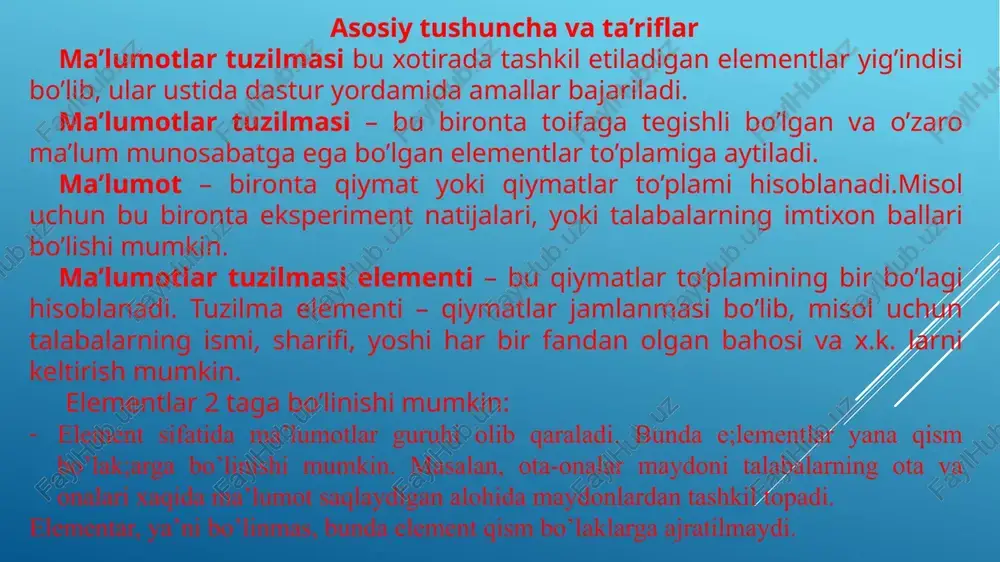 shbu funksiyani 3n+2=o(n)deb olish mumkin,chunki 3n+2 =2 tengsizlik o’rinli. ushbu funksiyani6*2n+n2=o(2n) deb olish mumkin,chunki 6*2n+n2 =4 larda. o(1) deb hisoblash vaqti o’zgarmas bo’lgan holatni belgilaymiz. o(n2) ni kvadratik, o(n3) ni kubik, o(2n) ni eksponensial deb ataladi. agar algoritmni bajarilish vaqti o(log n) bo‘lsa, o(n) ga qaraganda tezkor algoritm deb hisoblanadi. omega notatsiya. f(x) = ω(g(n)) deb belgilanadi, faqat va faqat shunday musbat c va m konstanta mavjud bo’lib, f(n) =m holatlarda. masalan, 3n+2=ω(n) deb belgilash mumkin, chunki 3n+2>=3n, n>=1 tengsizlik o’rinli.6*2n+n2=ω (2n) deb olish mumkin,chunki 6*2n+n2>=6*2n ifoda o‘rinli,barcha n>=1 larda. teta notatsiya. f(x) = θ (g(n)) deb belgilanadi, faqat va faqat shunday musbat c va m konstanta mavjud bo’lib, c*g(n) =m holatlarda. masalan, 3n+2= θ (n) deb belgilash mumkin, chunki 3n+2>=3n, n>=1va 3n+2 =2 da tengsizlik o’rinli. 6*2n+n2=θ (2n) deb olish mumkin, algoritmlar samaradorligini hisoblash algoritmlar samaradorligini hisoblashda kirish ma’lumotini qanday tanlash ko’rilayotgan algoritmni bajarilishiga yaxshigina ta’sir ko’rsatadi.masalan, agar kirish …