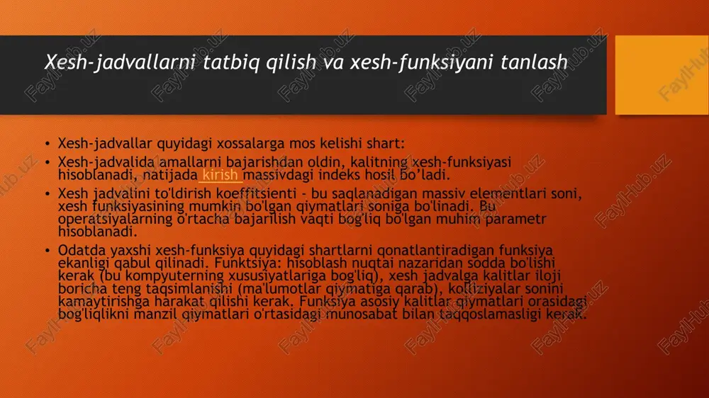 ko’rsatkich hisoblanadi (6-rasm). bir nechta element uzunligidagi zanjirlar paydo bo'lganda kolliziyalar kelib chiqadi. shuning uchun, agar bittadan ko’p elementlardan tashkil topgan zanjirlarning har biri uchun elementlarni hisoblasak, bunday har bir yig'indidan bittasini ayirib, so'ngra bu natijalarning hammasini qo'shsak, kolliziyalarning umumiy sonini olamiz. jadvalga ma'lumotlarni kiritish uchun xesh-funksiyaning oldindan topilgan qiymati bilan tegishli xesh-qiymatni zanjirning oxiridan yoki boshidan qo’shish kerak. jadvaldan qandaydir ma’lumotlarni topish yoki o’chirish uchun, kirish ma’lumotining xesh qiymati bilan mos keladigan xesh qiymatli elementlar zanjirini topish yetarli bo’ladi. keyin agar zanjir bitta elementdan iborat bo’lsa, butun zanjirni o’chirish mumkin, aks holda, zanjirning o'zida oldindan xeshlangan ma'lumotlar bilan emas, balki kalit orqali qidirishni tashkil qilish va elementni o'chirish kerak bo’ladi. e'tiboringiz uchun rahmat:) image2.png image3.png image4.jpg image5.jpg image6.jpg image7.jpg image1.png xesh-jadval kalitlar sohasi 1-rasm. kalitlarning ishlashiga miso! kolitlarsohasi hesh-jadval he) eb ha) aosra 160 161 162 163 164 9 -yaenn belowior keting: kotlign (aliyev ikrom_ ooo | x $1 …