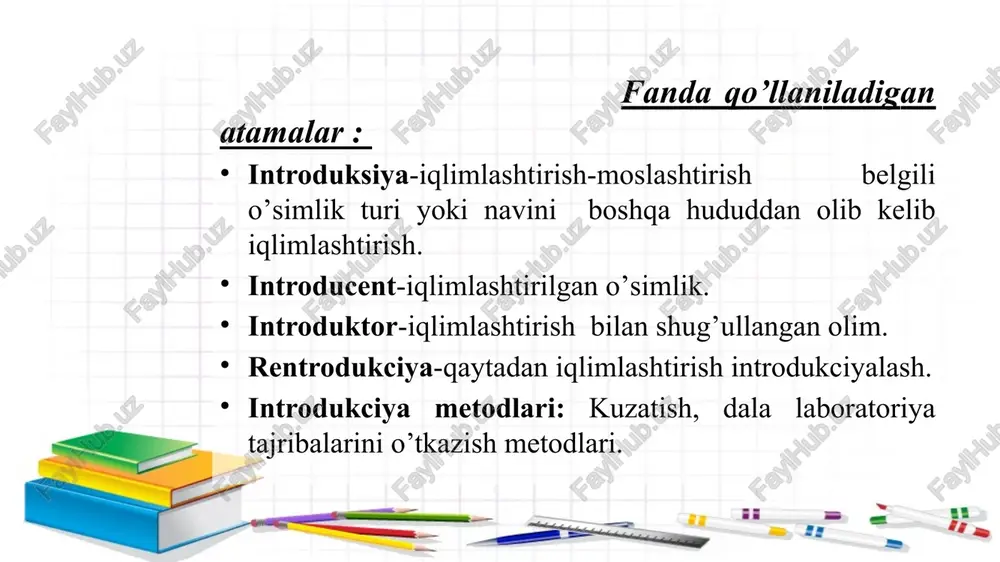 botanika-geografiya metodi (vavilov, 1935). bu usul dunyo bo'yicha turli o'simliklar guruhlari vakillari kollektsiyalarini yig'ish va undan selektsiya ishlarida foydalanishni nazarda tutadi. ekologo-geografik usul (avrorin, 1947; i. v. belolipov, 1976 )-bu usulda turli geografik o'rinlardan bo'lgan o'simliklar kollektsiyalarini o'rganish qirg'oqlari ularni ekologo-geografik tarqalish qonuniyatlarini aniqlashtirishga qaratilgan. i. v. belolipov (1976 ) o'rta osiyo florasida uchraydigan o'simliklarning toshkent botanika bog'i -introduktsion sharoitida ekologik jihatdan moslashish xususiyatlarini tavsiflab berdi. muallif ilmiy izlanishlarida o'rta osiyo florasiga tegishli 565 nav yoki yer sharining floristik hududlaridan mingdan ortiq nav introduktsiya etilgan o'simliklar kollektsiyasidan foydalanildi. 3. guruh majmualari va o'simliklar edafikatorlari bo'yicha o'simliklarni introduktsiyalash usuli (f. n. rusanov, 1950). usul introduktsiya jarayoniga bitta guruhga tegishli bo'lgan ko'proq navlardi tortib, ularni orasidan sharoitga moslasha olganlarini tanlab olishga asoslangan. agar turkumga tegishli navlarning ma'lumki bo'lagi taklif qilinsa, guruh jamlanmasi fragmenti (unsuri ) deb atagan. f. n. rusanov o'zining ishlarida bitta turkumga tegishli navlarni (masalan, do'lana tug'isı turlari ) farqli …