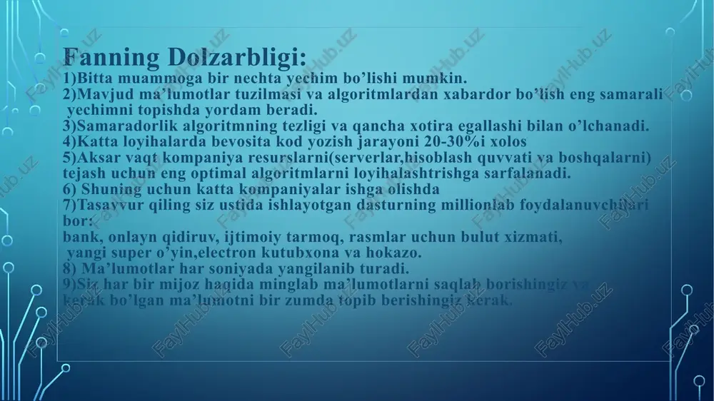 > 196% — +8 ma’lumotlar tuzilmasi * linked list (bog'langan ro‘yxat) * stacks queues soon uk wneroo ma’lumotlar tuzilmasi * graph (graflar) * shajara (tree) ° hash jadvallari kalit qiymat * heap algoritmlar * aksar muammolar ma‘lumotlarni tartiblashga va qidirishga borib taqaladi * biz o'rganadigan aksar algoritmlar ham aynan tartiblash va qidirish (sorting and searching) algoritmlar hagida bo'ladi * qo‘shimcha: dynamic programming, greedy algorithms + jump search algoritm turlari deb hech qanday shartsiz faqat ketma-k oal eran bajariladigan jarayonlarga aytiladi. deb shartlarga muvofiq bajariladigan korsatmalardan tuzilgan algoritmga aytiladi. a tarmogqlanuvchi algoritm | deb biron bir shart tekshirilishi yoki b takrorlanuvchi parametrning har xil qiymatlari asosic algoritm algoritmda takrorlanish yuz beradigan jarayonlarga aytiladi. /docprops/thumbnail.jpeg este: tteas ya aa fanidan bajargan mstagi
